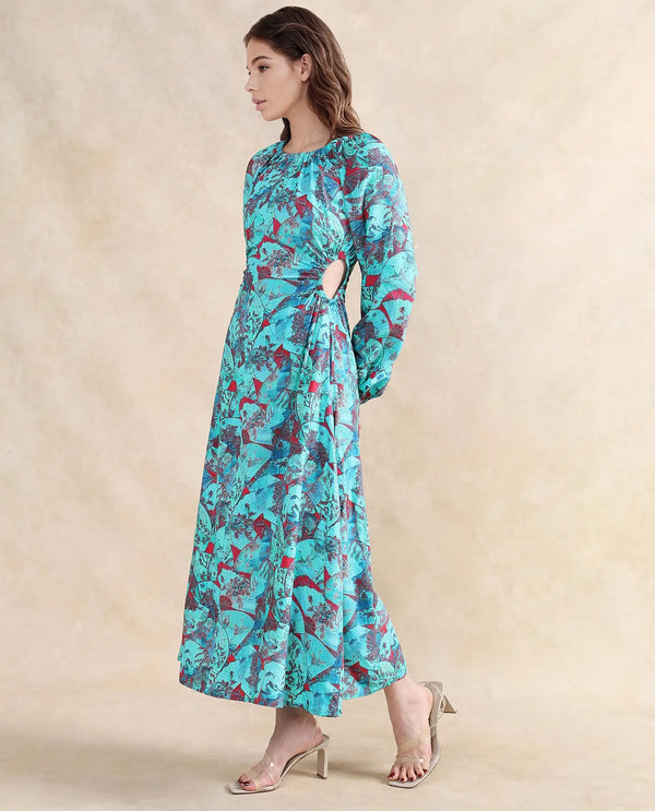 Rareism Women's Eritram Multi Viscose Fabric Crew Neck  Puff Sleeve Abstract A-Line Maxi Dress