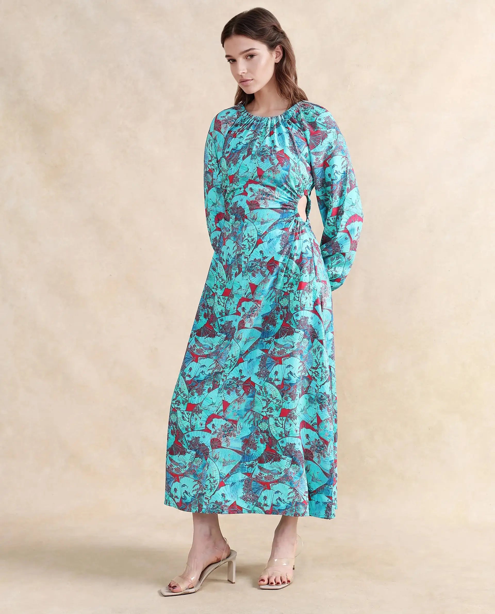 Rareism Women's Eritram Multi Viscose Fabric Crew Neck  Puff Sleeve Abstract A-Line Maxi Dress