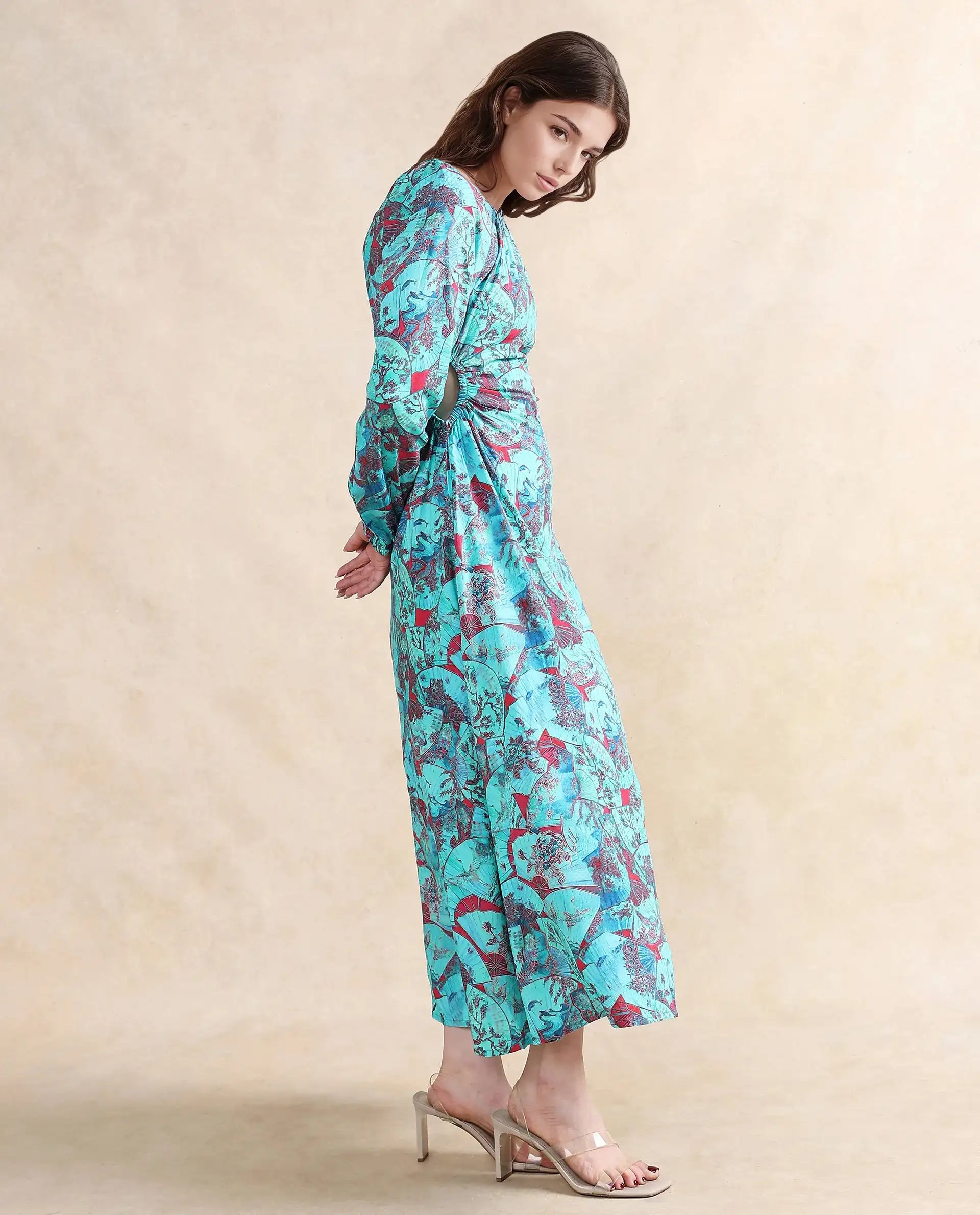 Rareism Women's Eritram Multi Viscose Fabric Crew Neck  Puff Sleeve Abstract A-Line Maxi Dress