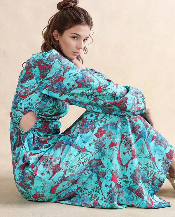 Rareism Women's Eritram Multi Viscose Fabric Crew Neck  Puff Sleeve Abstract A-Line Maxi Dress