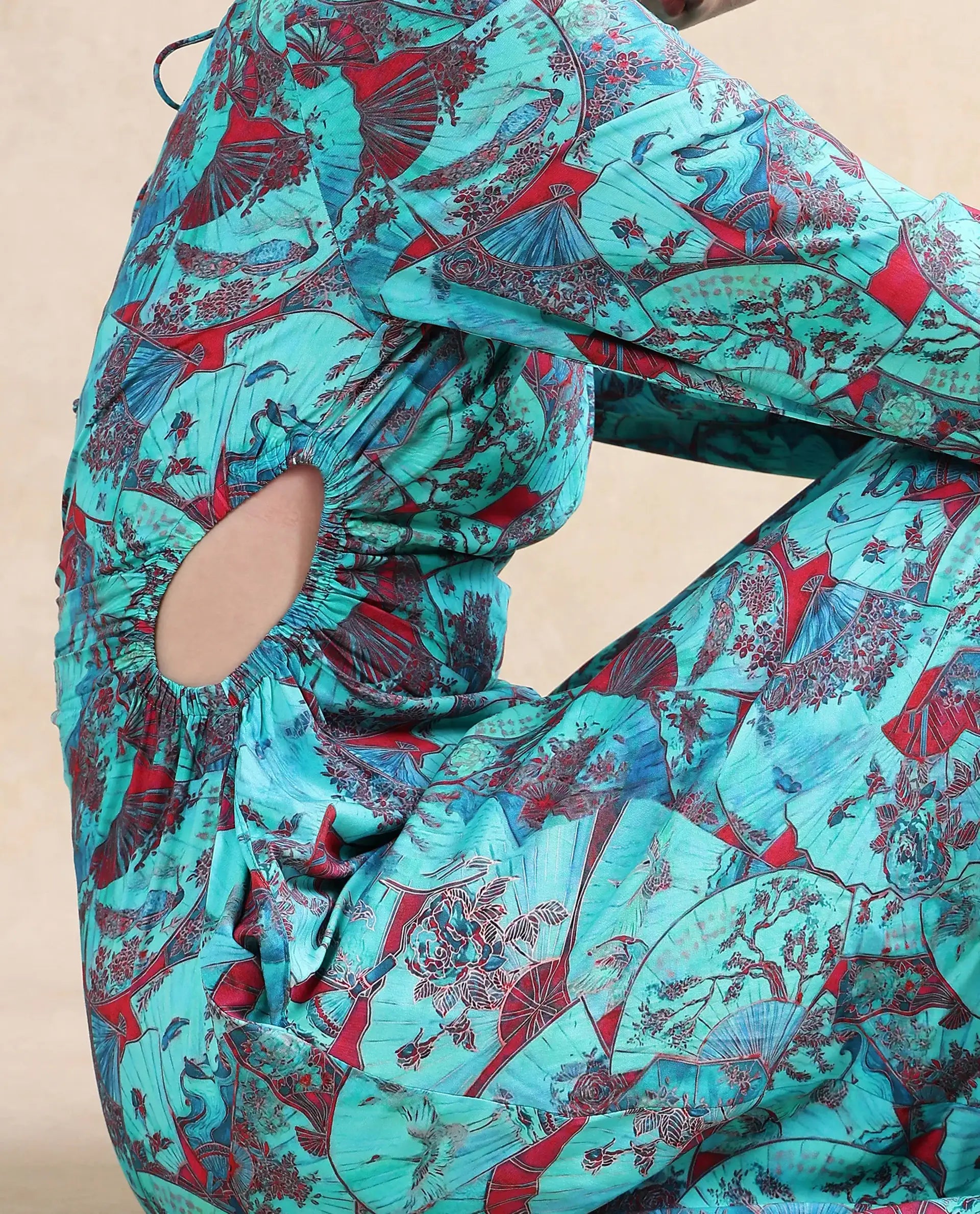 Rareism Women's Eritram Multi Viscose Fabric Crew Neck  Puff Sleeve Abstract A-Line Maxi Dress