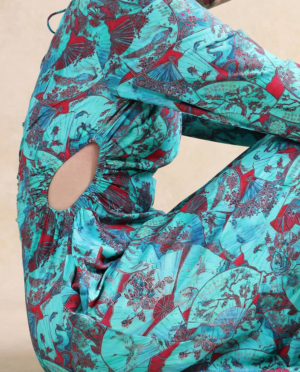 Rareism Women's Eritram Multi Viscose Fabric Crew Neck  Puff Sleeve Abstract A-Line Maxi Dress