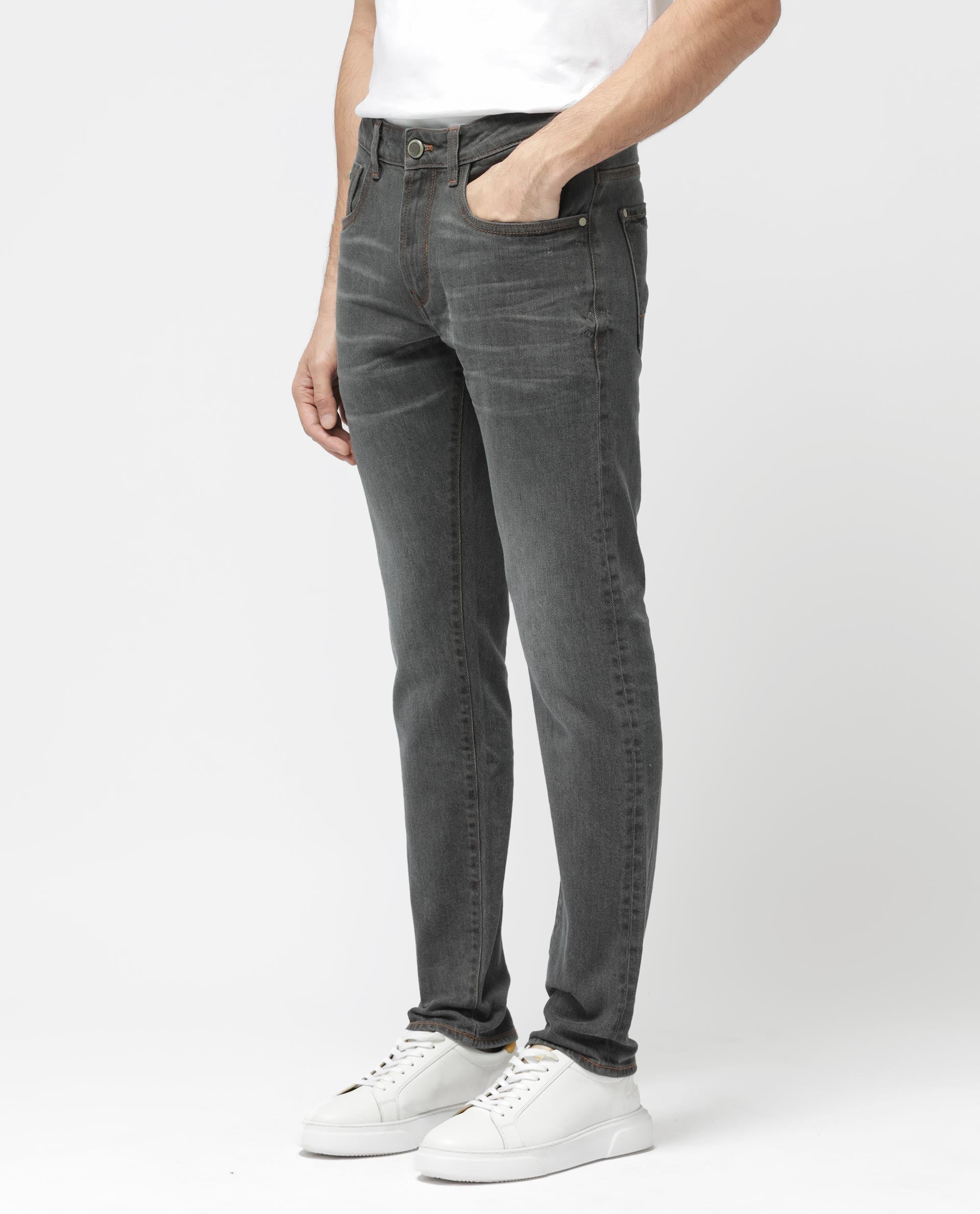 Rare Rabbit Men's Ermis Grey Slim Fit Mid Rise Mid Wash With 3D Whiskers Jeans