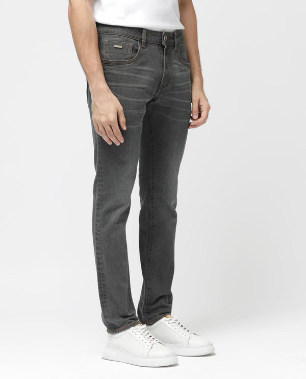 Rare Rabbit Men's Ermis Grey Slim Fit Mid Rise Mid Wash With 3D Whiskers Jeans