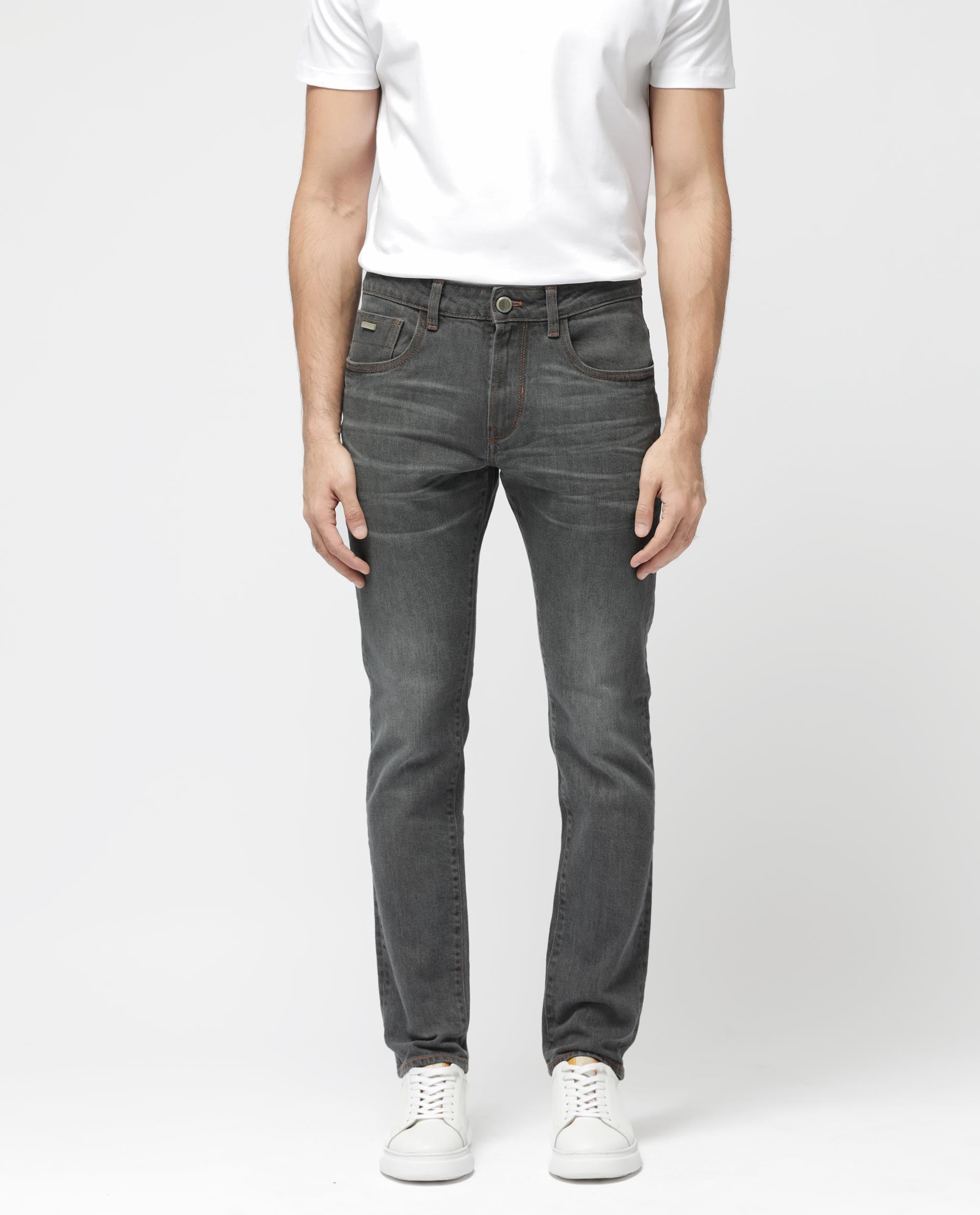 Rare Rabbit Men's Ermis Grey Slim Fit Mid Rise Mid Wash With 3D Whiskers Jeans