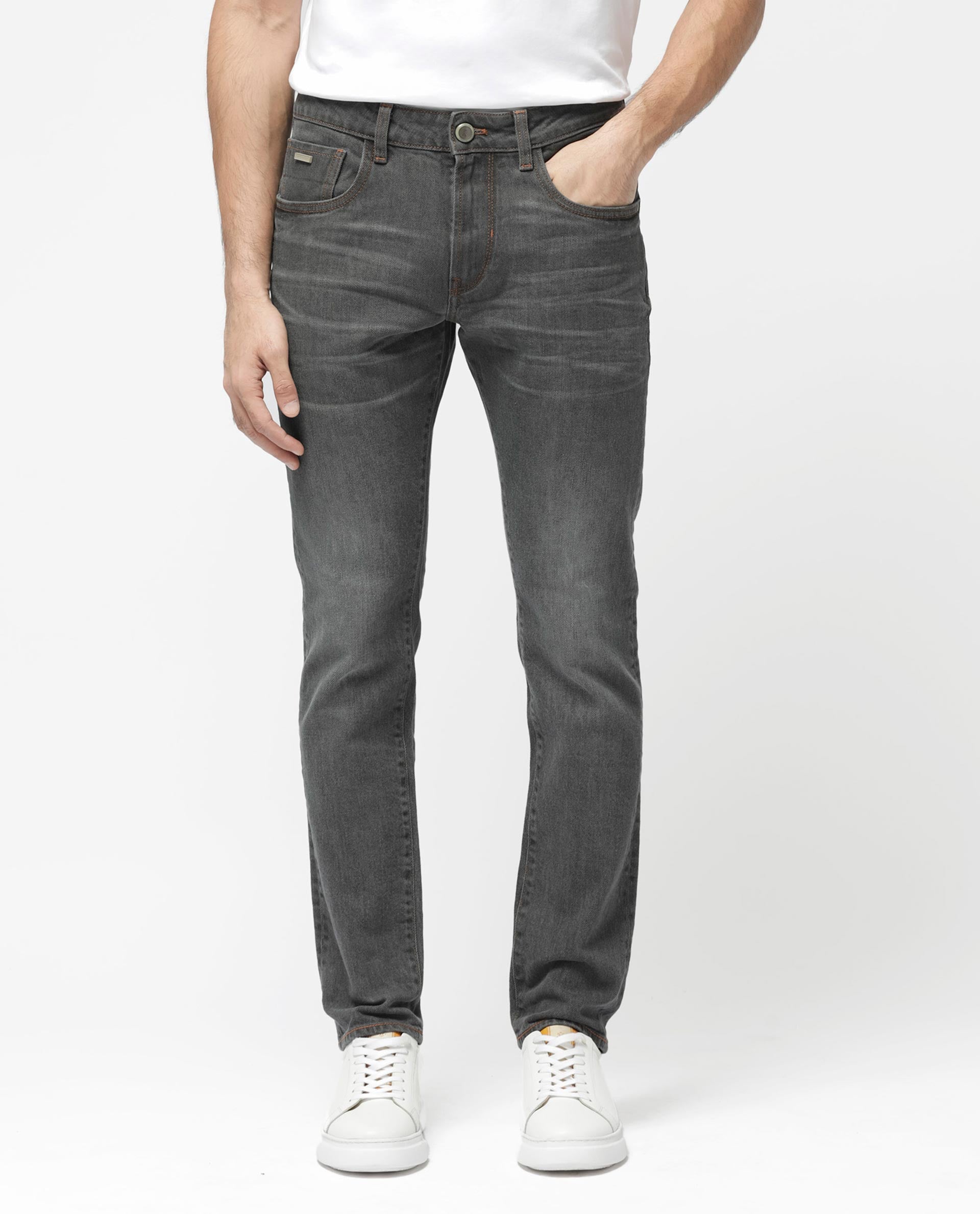 Rare Rabbit Men's Ermis Grey Slim Fit Mid Rise Mid Wash With 3D Whiskers Jeans