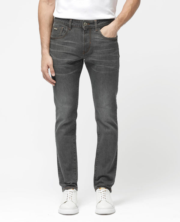 Rare Rabbit Men's Ermis Grey Slim Fit Mid Rise Mid Wash With 3D Whiskers Jeans
