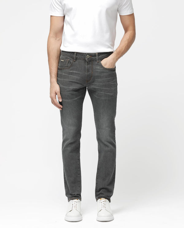 Rare Rabbit Men's Ermis Grey Slim Fit Mid Rise Mid Wash With 3D Whiskers Jeans