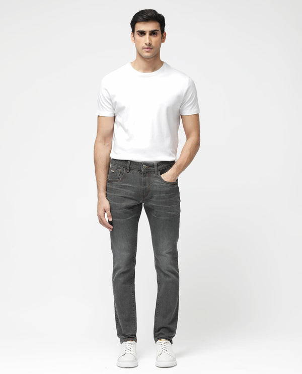 Rare Rabbit Men's Ermis Grey Slim Fit Mid Rise Mid Wash With 3D Whiskers Jeans