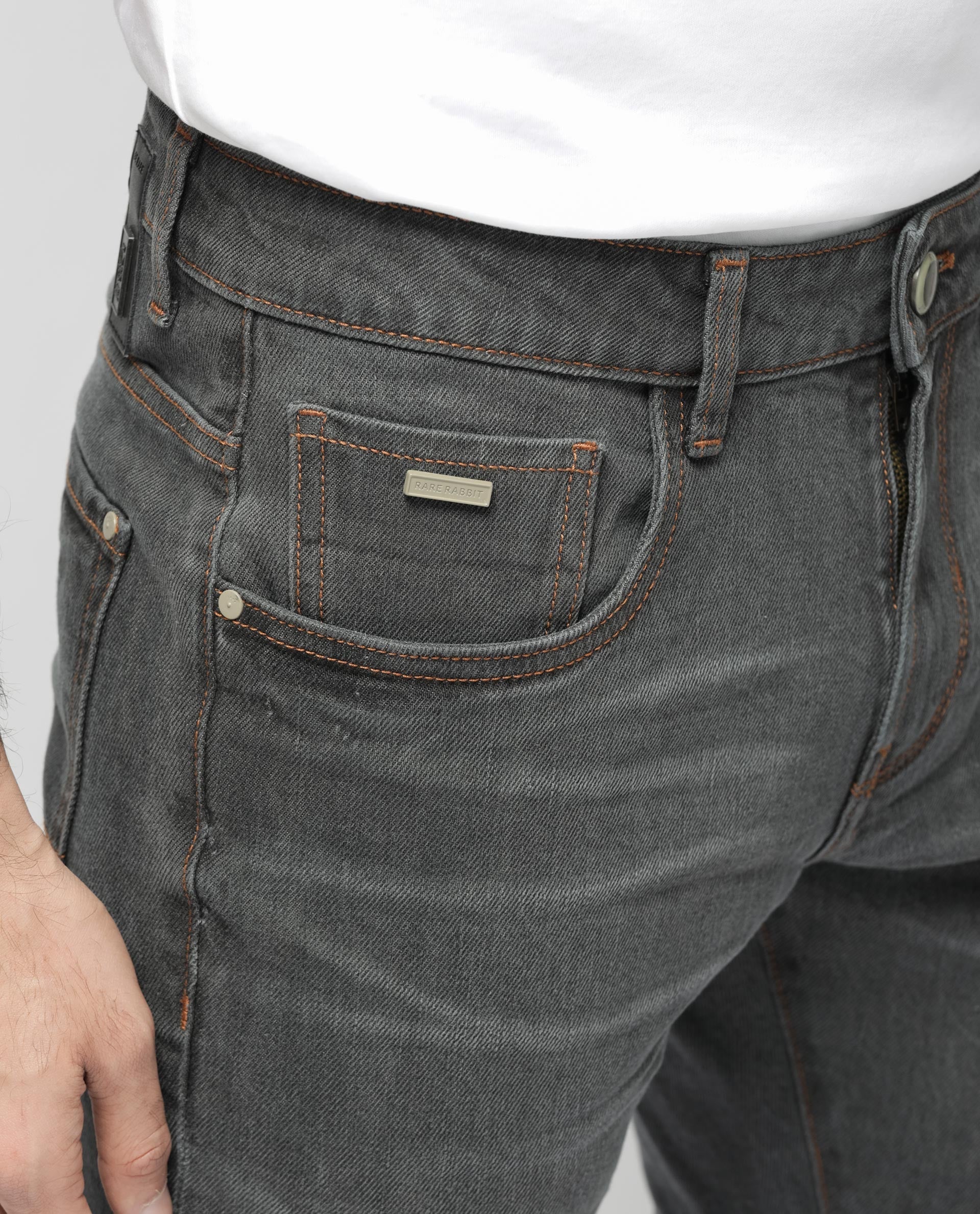 Rare Rabbit Men's Ermis Grey Slim Fit Mid Rise Mid Wash With 3D Whiskers Jeans