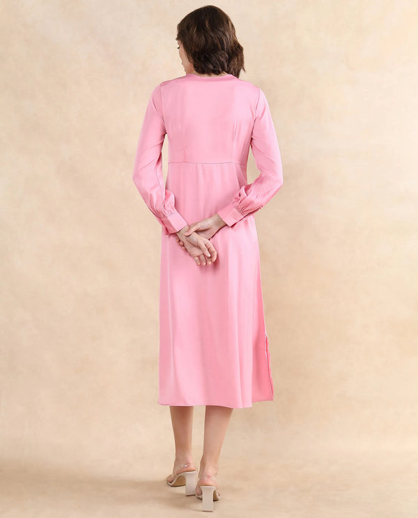 Rareism Women's Erzinc Light Pink Satin Fabric Key Hole Neck Zipper Closure Bishop Sleeve Plain Fit And Flare Midi Dress