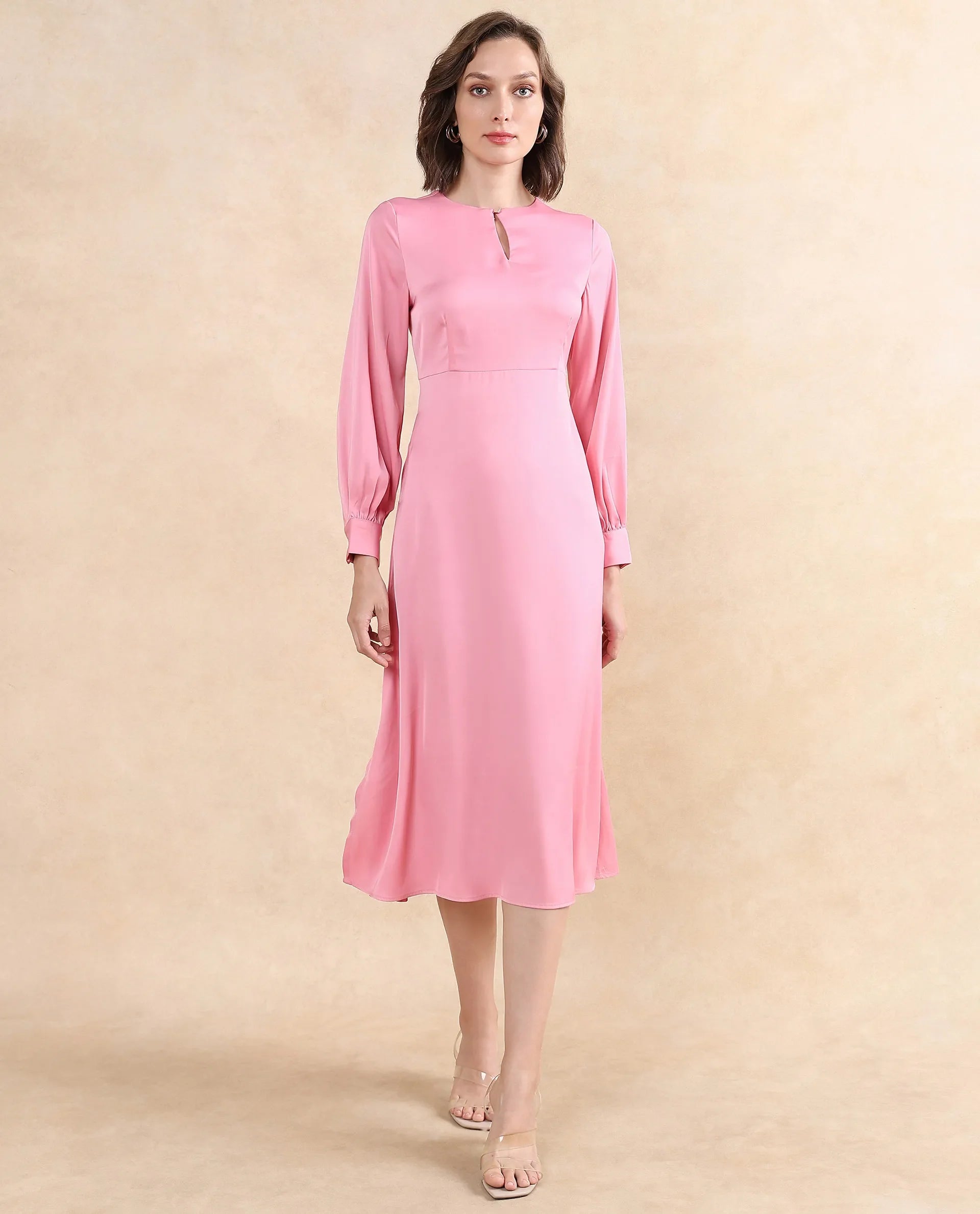 Rareism Women's Erzinc Light Pink Satin Fabric Key Hole Neck Zipper Closure Bishop Sleeve Plain Fit And Flare Midi Dress