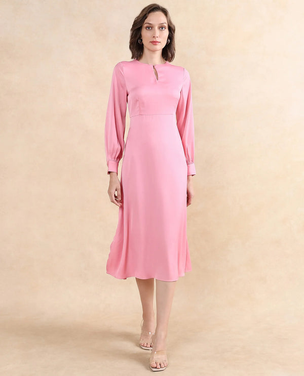 Rareism Women's Erzinc Light Pink Satin Fabric Key Hole Neck Zipper Closure Bishop Sleeve Plain Fit And Flare Midi Dress