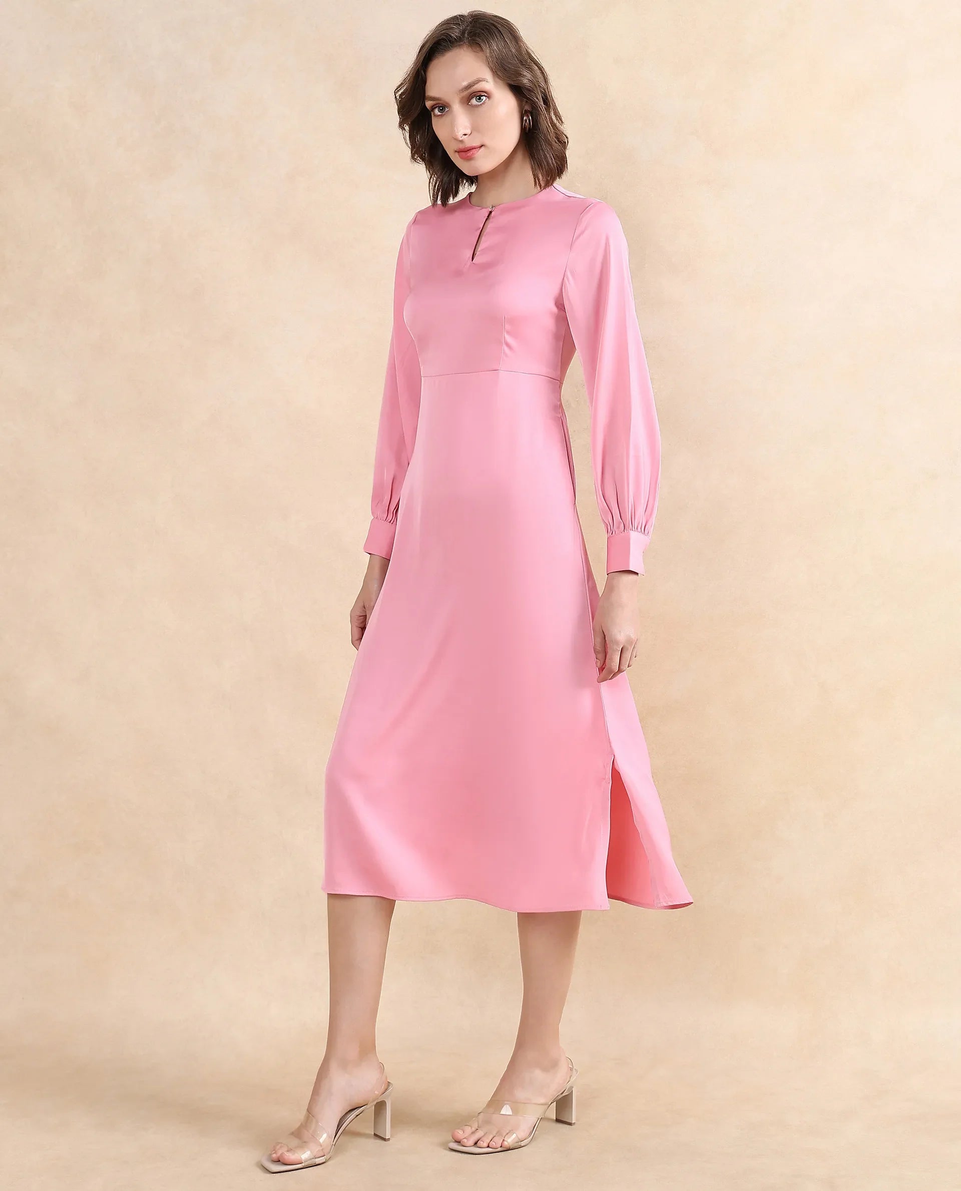 Rareism Women's Erzinc Light Pink Satin Fabric Key Hole Neck Zipper Closure Bishop Sleeve Plain Fit And Flare Midi Dress