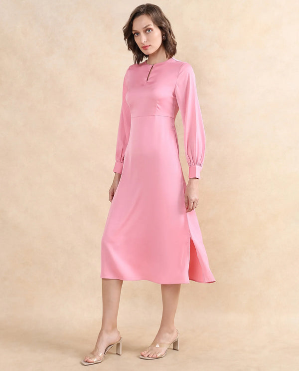 Rareism Women's Erzinc Light Pink Satin Fabric Key Hole Neck Zipper Closure Bishop Sleeve Plain Fit And Flare Midi Dress
