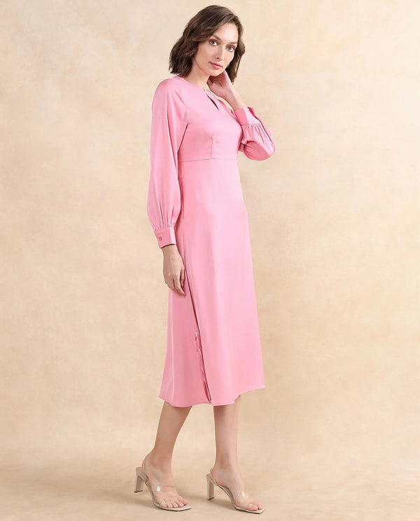 Rareism Women's Erzinc Light Pink Satin Fabric Key Hole Neck Zipper Closure Bishop Sleeve Plain Fit And Flare Midi Dress