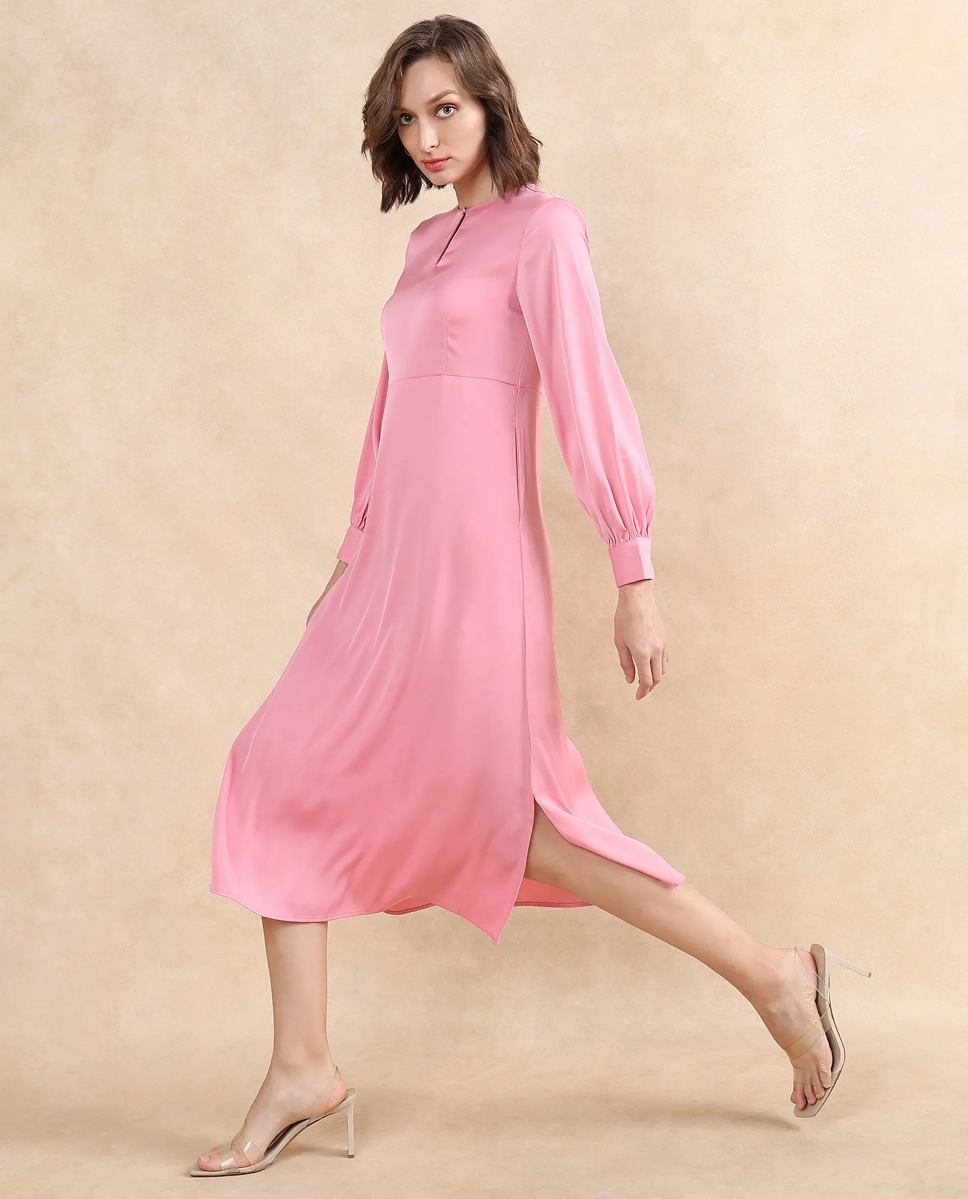 Rareism Women's Erzinc Light Pink Satin Fabric Key Hole Neck Zipper Closure Bishop Sleeve Plain Fit And Flare Midi Dress