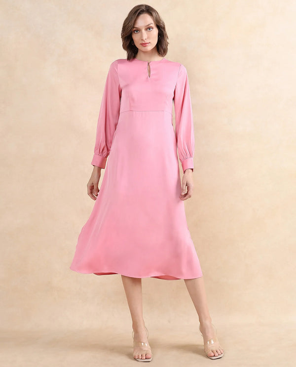 Rareism Women's Erzinc Light Pink Satin Fabric Key Hole Neck Zipper Closure Bishop Sleeve Plain Fit And Flare Midi Dress