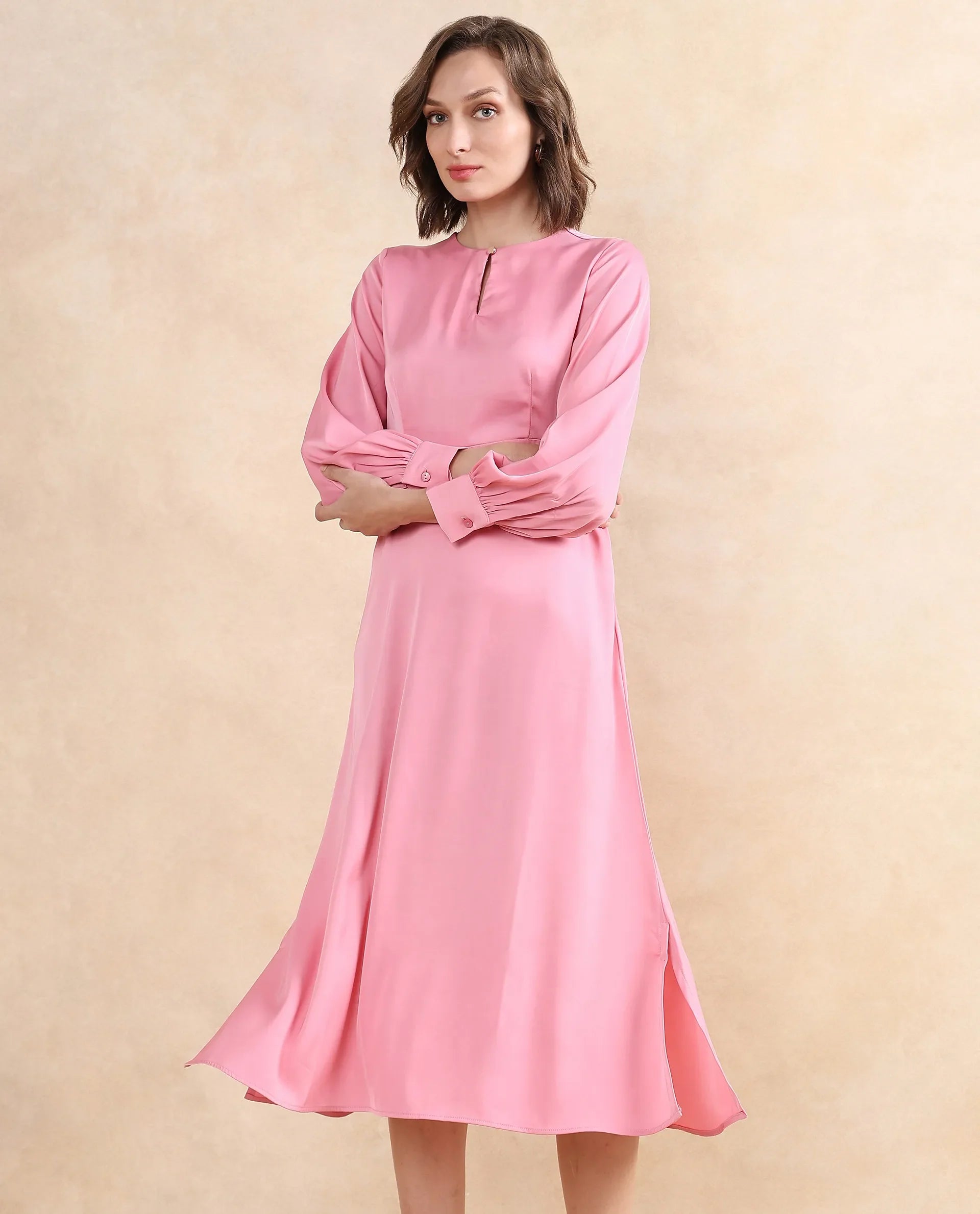 Rareism Women's Erzinc Light Pink Satin Fabric Key Hole Neck Zipper Closure Bishop Sleeve Plain Fit And Flare Midi Dress