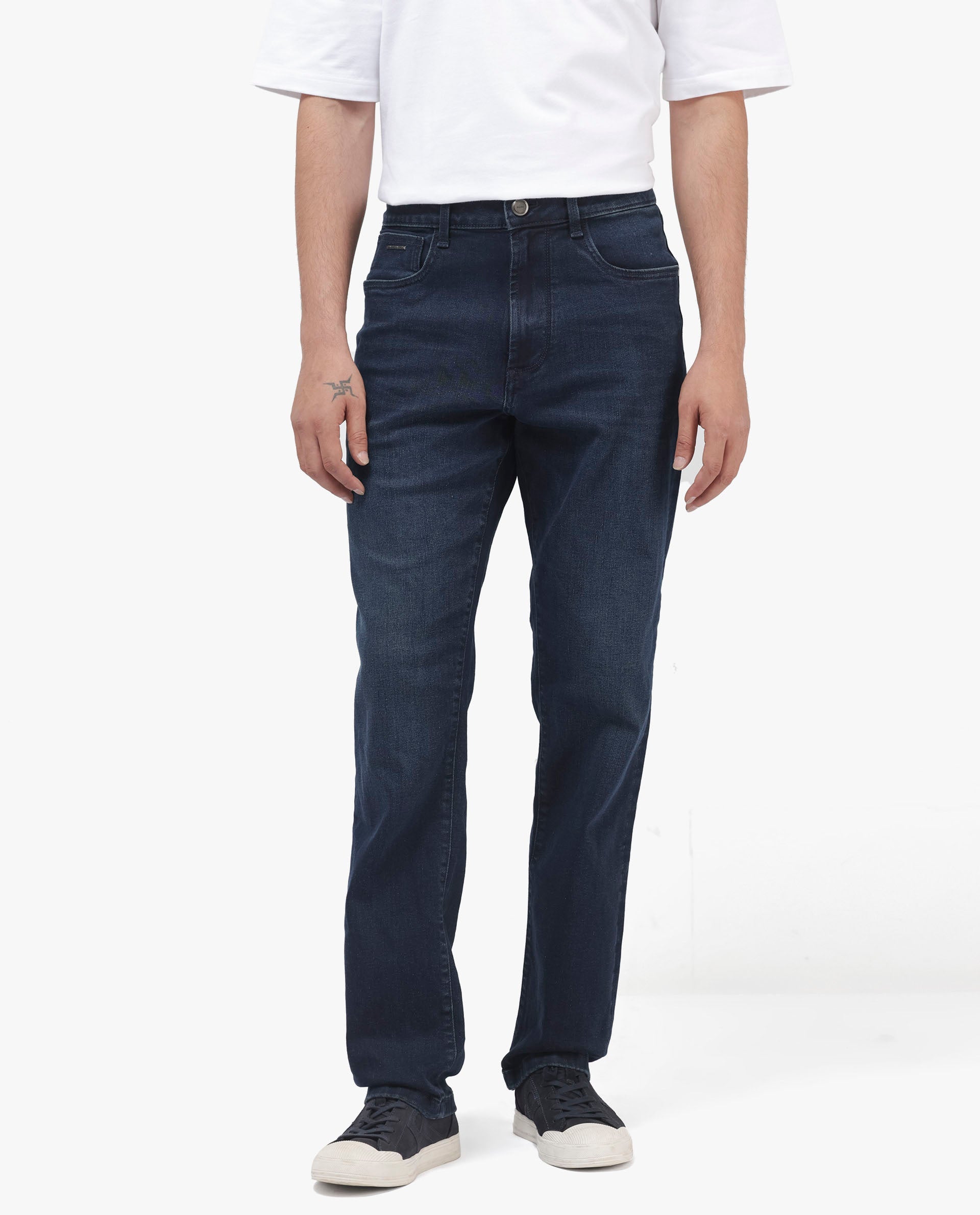 Rare Rabbit Mens Evolve Dark Navy Solid Regular Fit Mid-Rise Dark Wash Jeans