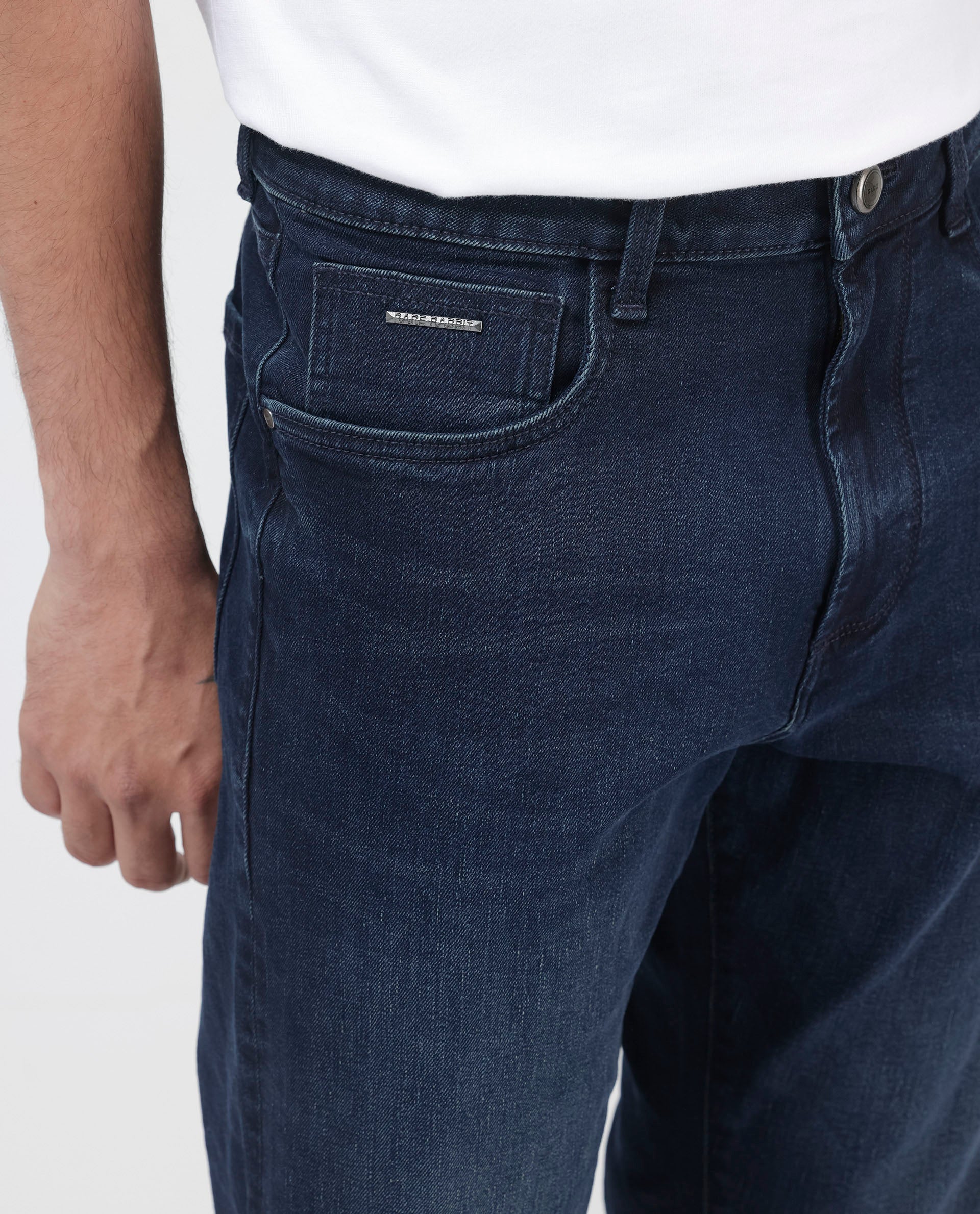 Rare Rabbit Mens Evolve Dark Navy Solid Regular Fit Mid-Rise Dark Wash Jeans