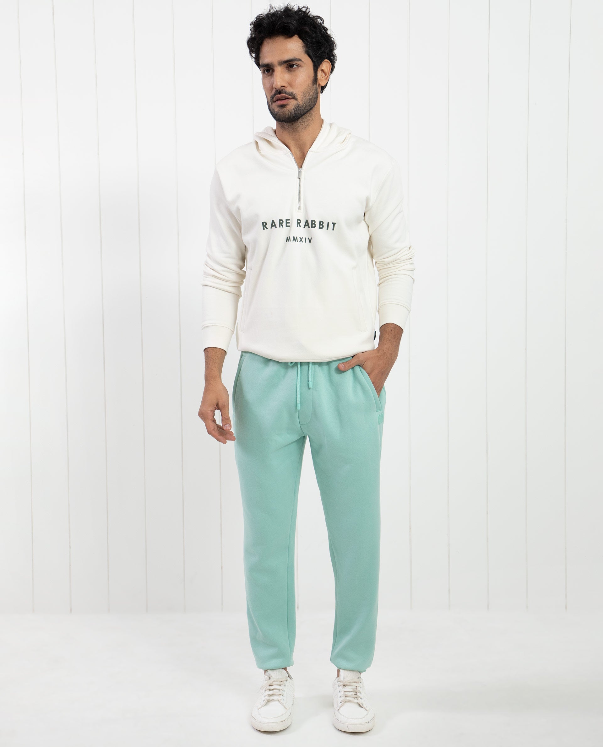 Rare Rabbit Men's Faroe Light Green Cotton Polyester Fabric Drawstring Closure Regular Fit Mid Rise Trackpant
