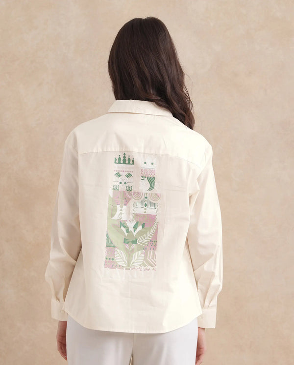 Rareism Women Fetopl Beige Cuffed Sleeve Collared Neck Boxy Fit Graphic Print Shirt