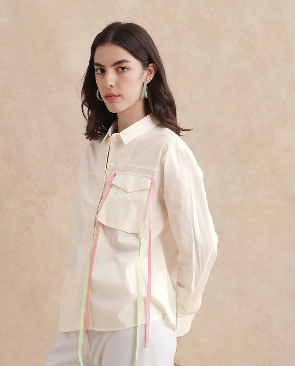 Rareism Women Fetopl Beige Cuffed Sleeve Collared Neck Boxy Fit Graphic Print Shirt