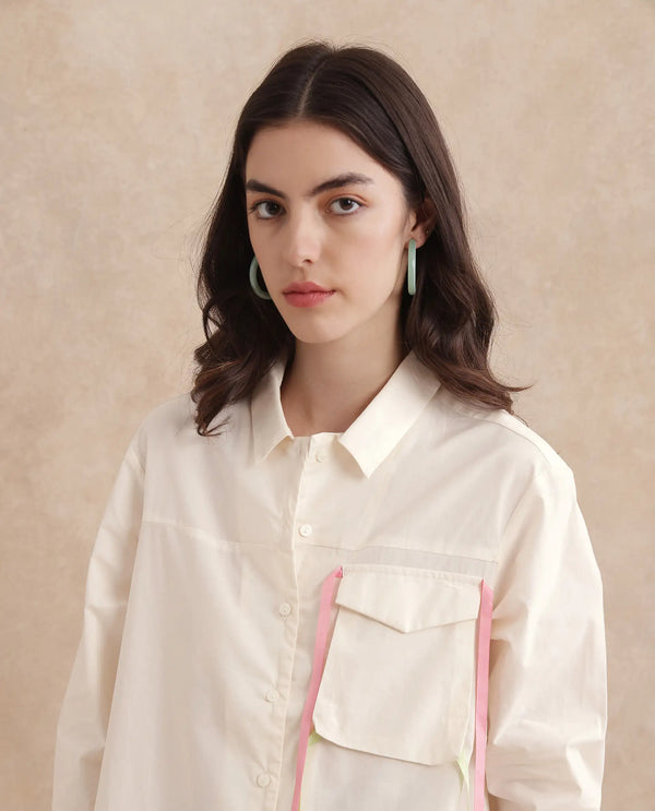 Rareism Women Fetopl Beige Cuffed Sleeve Collared Neck Boxy Fit Graphic Print Shirt