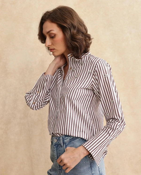 Rareism Women Fitto Rust Cotton Fabric Cuffed Sleeve Collared Neck Button Closure Narrow Stripes Shirt