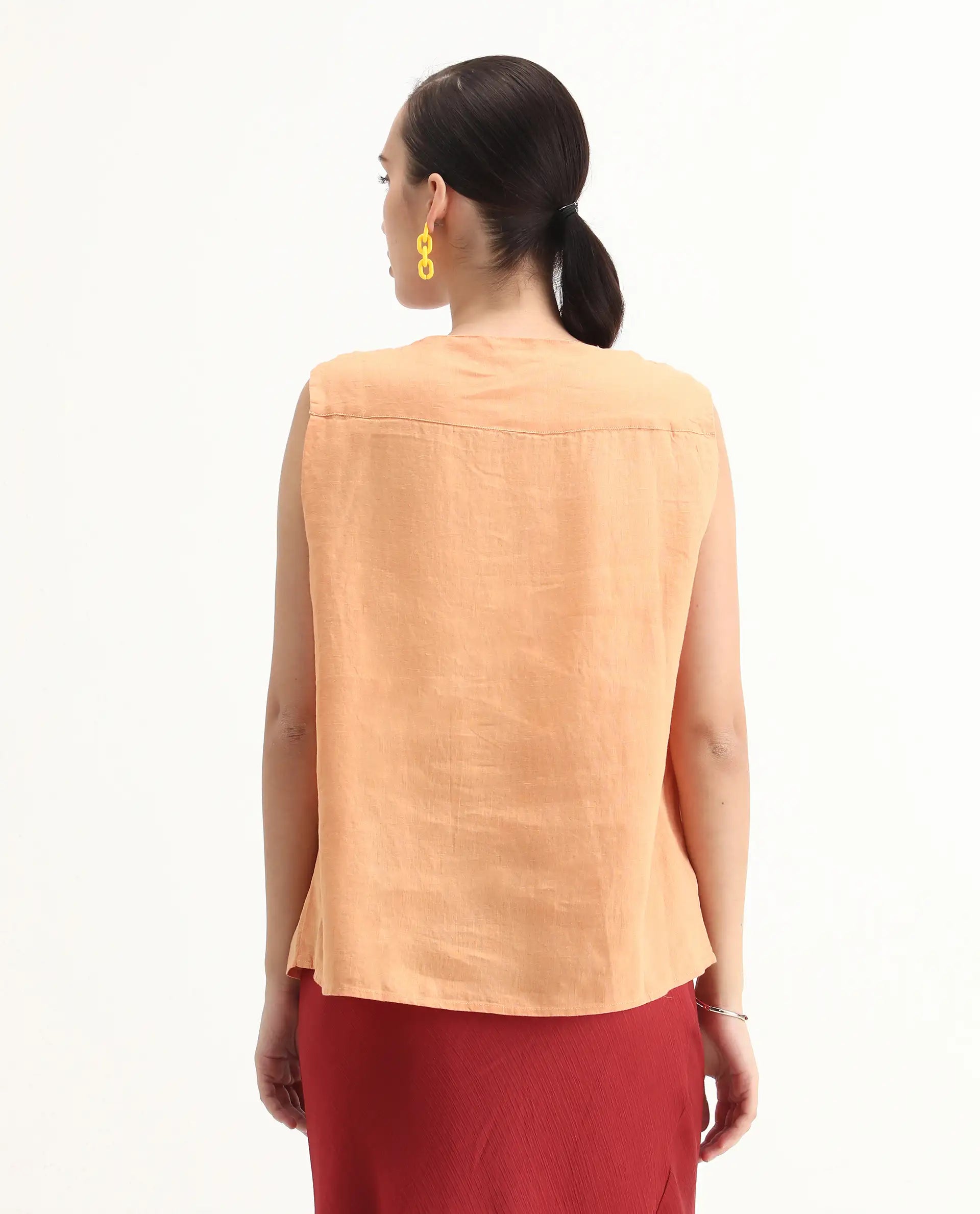 Rareism Womens Flash Orange Top Cotton Linen Fabric Regular Fit Sleeveless Round Neck