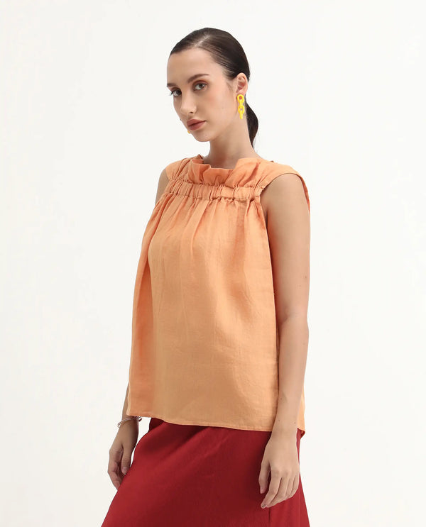 Rareism Womens Flash Orange Top Cotton Linen Fabric Regular Fit Sleeveless Round Neck