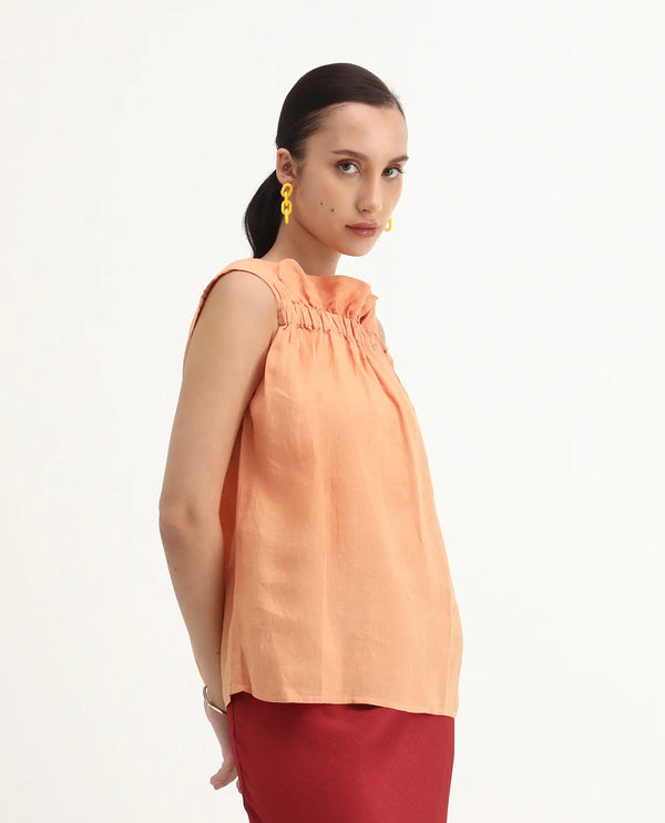 Rareism Womens Flash Orange Top Cotton Linen Fabric Regular Fit Sleeveless Round Neck