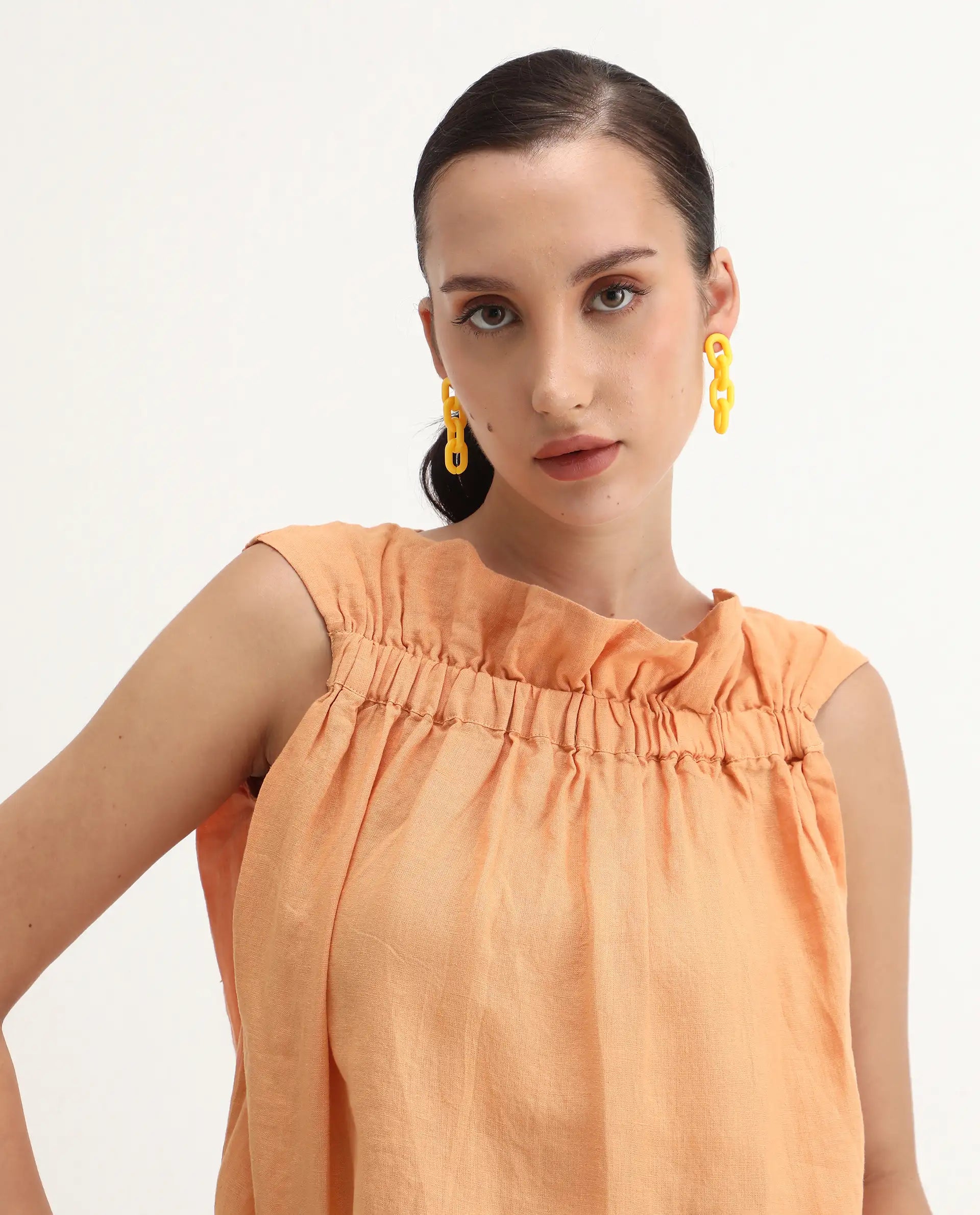 Rareism Womens Flash Orange Top Cotton Linen Fabric Regular Fit Sleeveless Round Neck