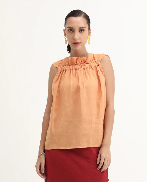 Rareism Womens Flash Orange Top Cotton Linen Fabric Regular Fit Sleeveless Round Neck