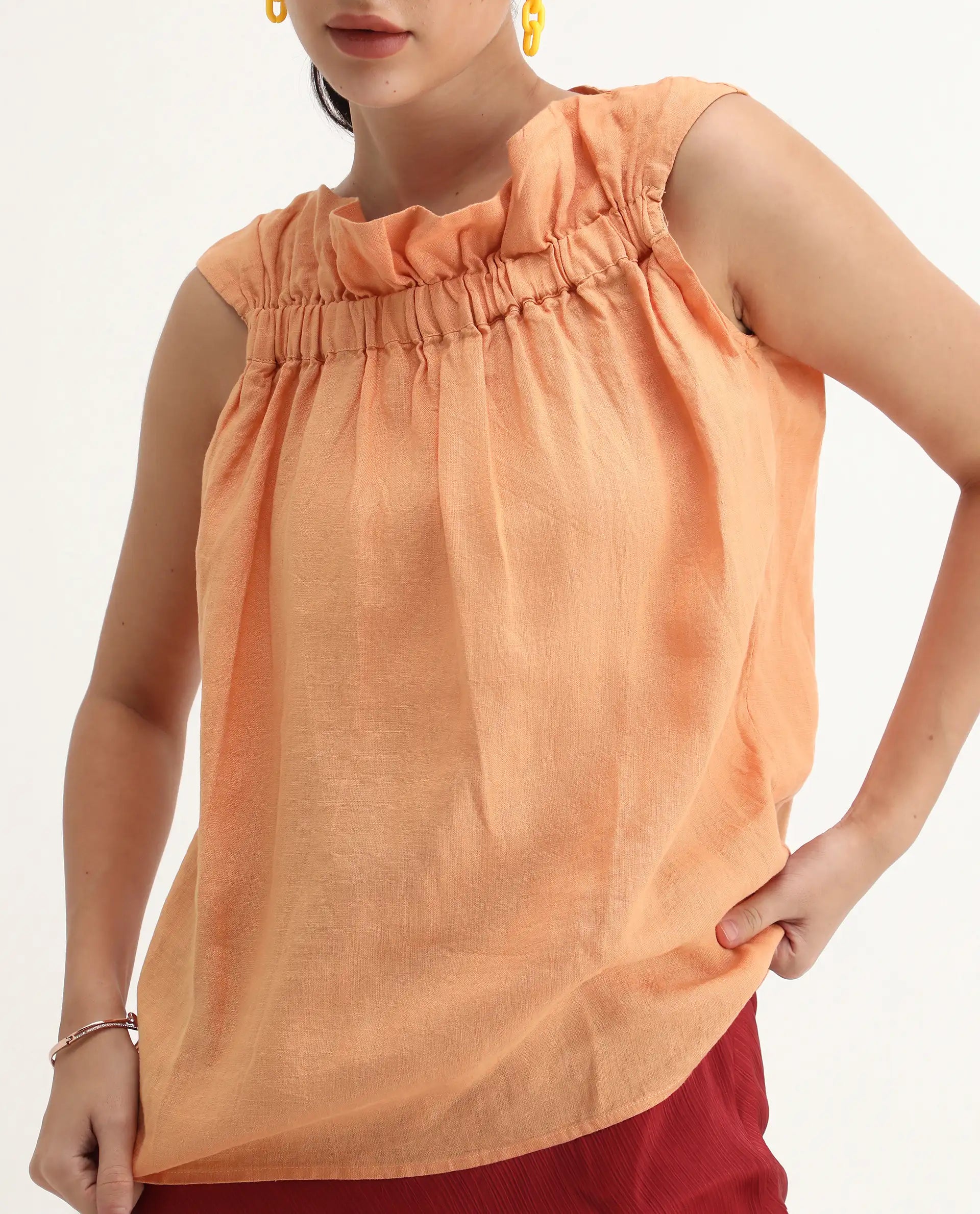 Rareism Womens Flash Orange Top Cotton Linen Fabric Regular Fit Sleeveless Round Neck