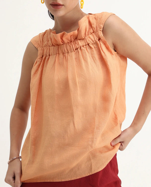 Rareism Womens Flash Orange Top Cotton Linen Fabric Regular Fit Sleeveless Round Neck