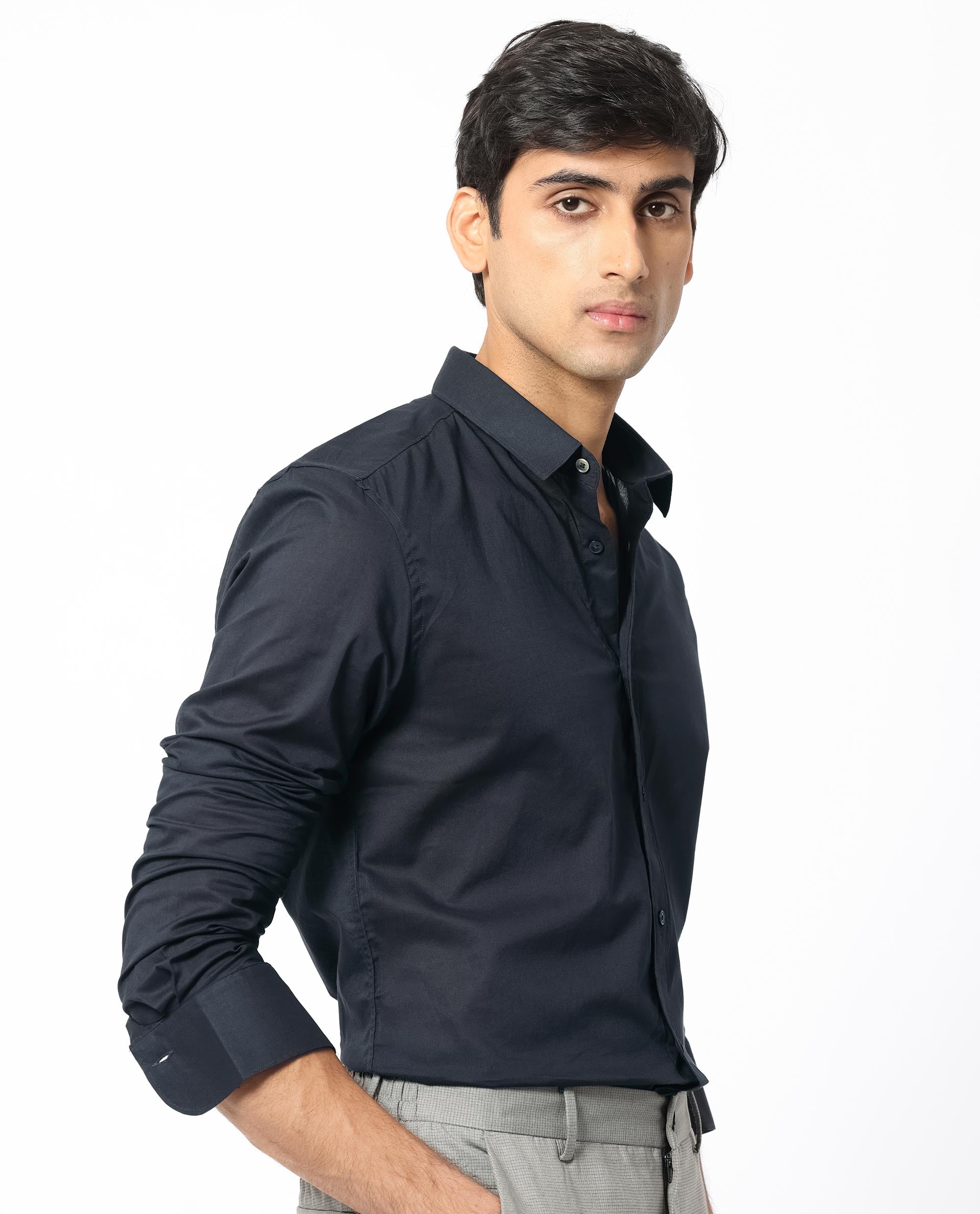 Rare Rabbit Men's Flees Dark Navy Cotton Fabric Full Sleeves Solid Shirt