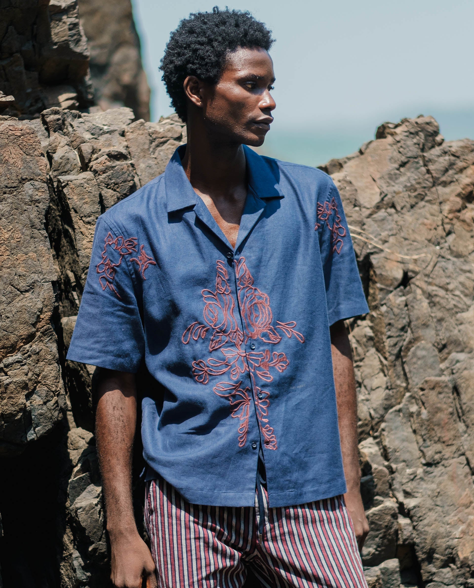 Rare Rabbit Men's Flmbo Navy Cotton Linen Modal Fabric Half Sleeves Boxy Fit Floral Embroidered Shirt