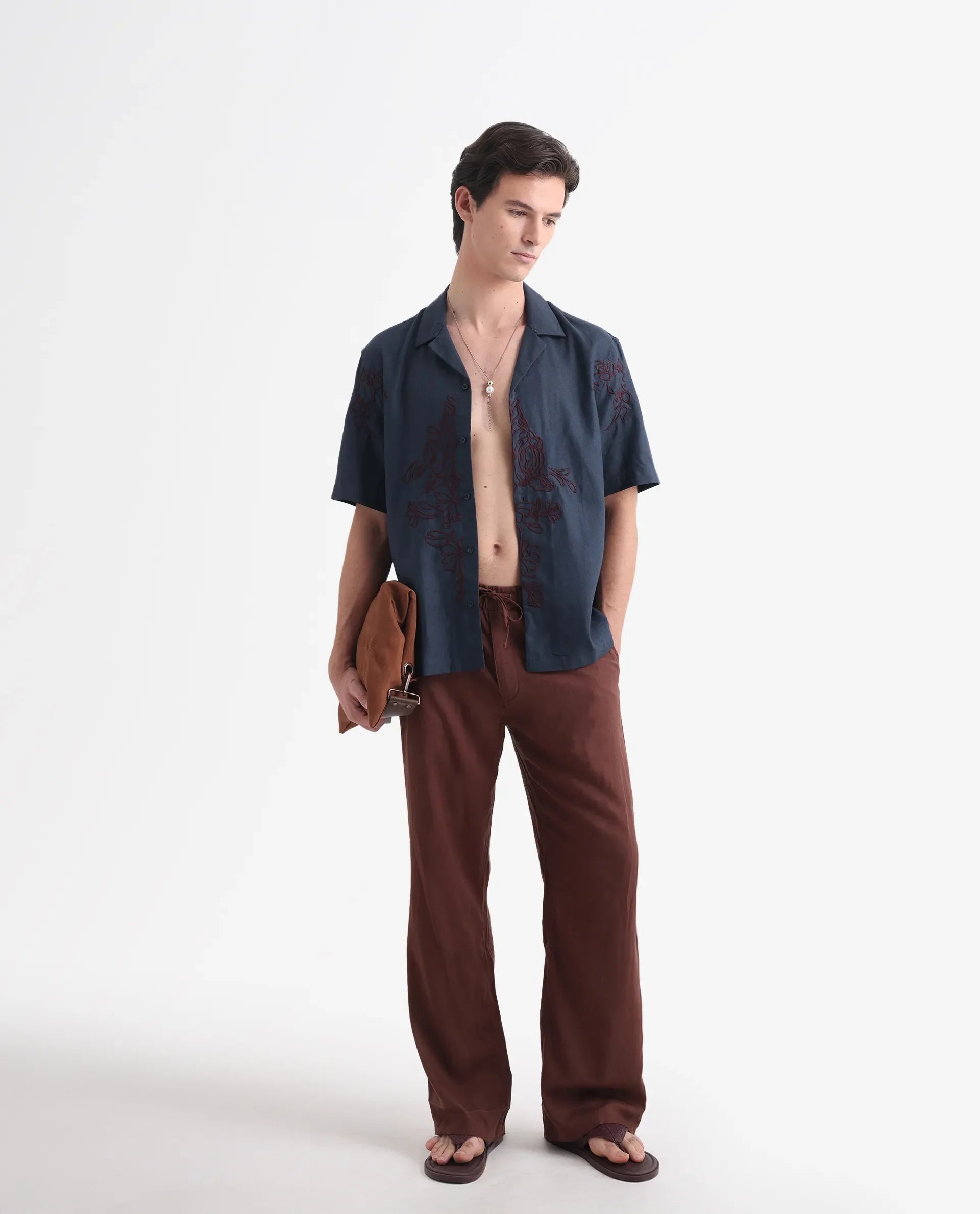 Rare Rabbit Men's Flmbo Navy Cotton Linen Modal Fabric Half Sleeves Boxy Fit Floral Embroidered Shirt