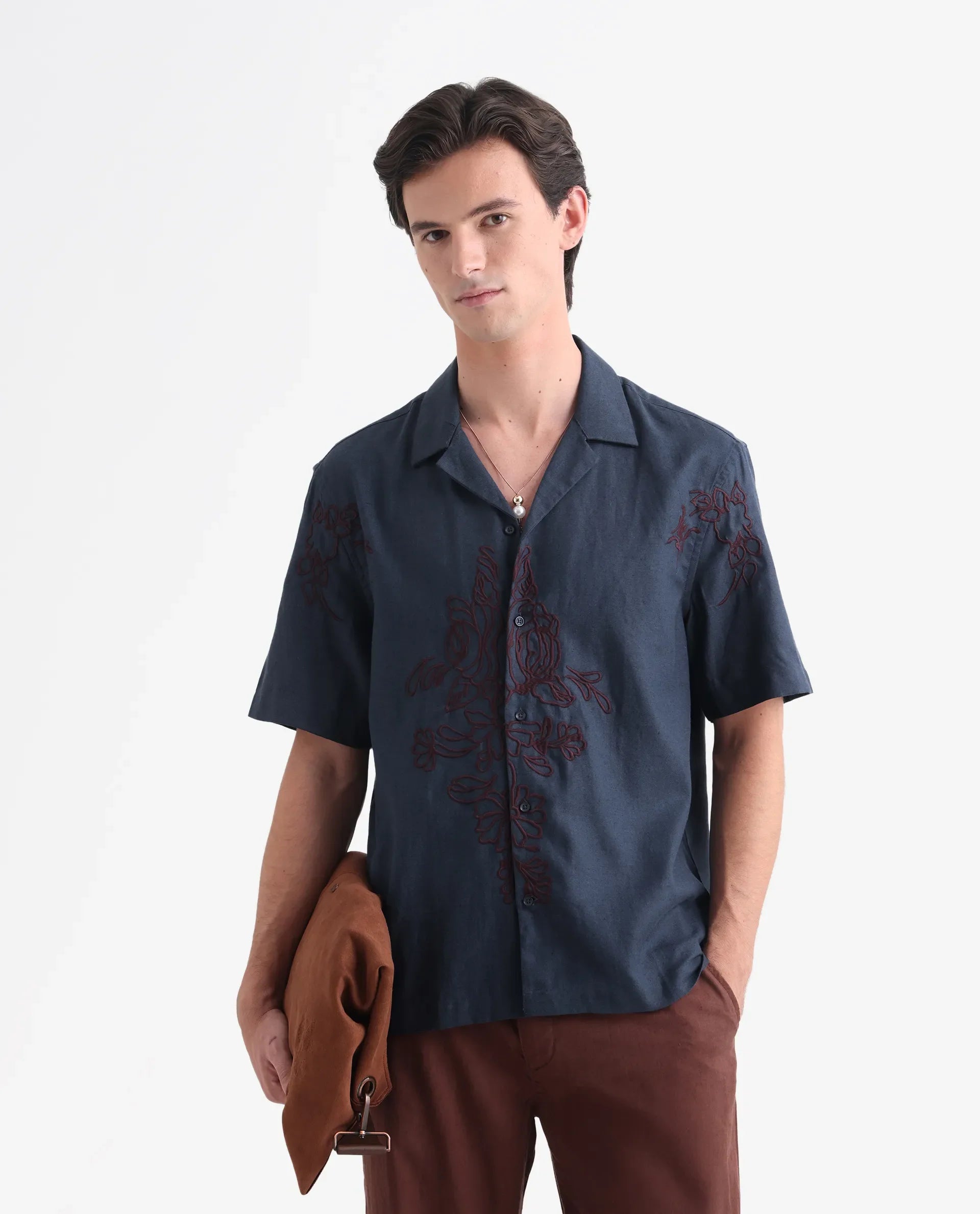 Rare Rabbit Men's Flmbo Navy Cotton Linen Modal Fabric Half Sleeves Boxy Fit Floral Embroidered Shirt