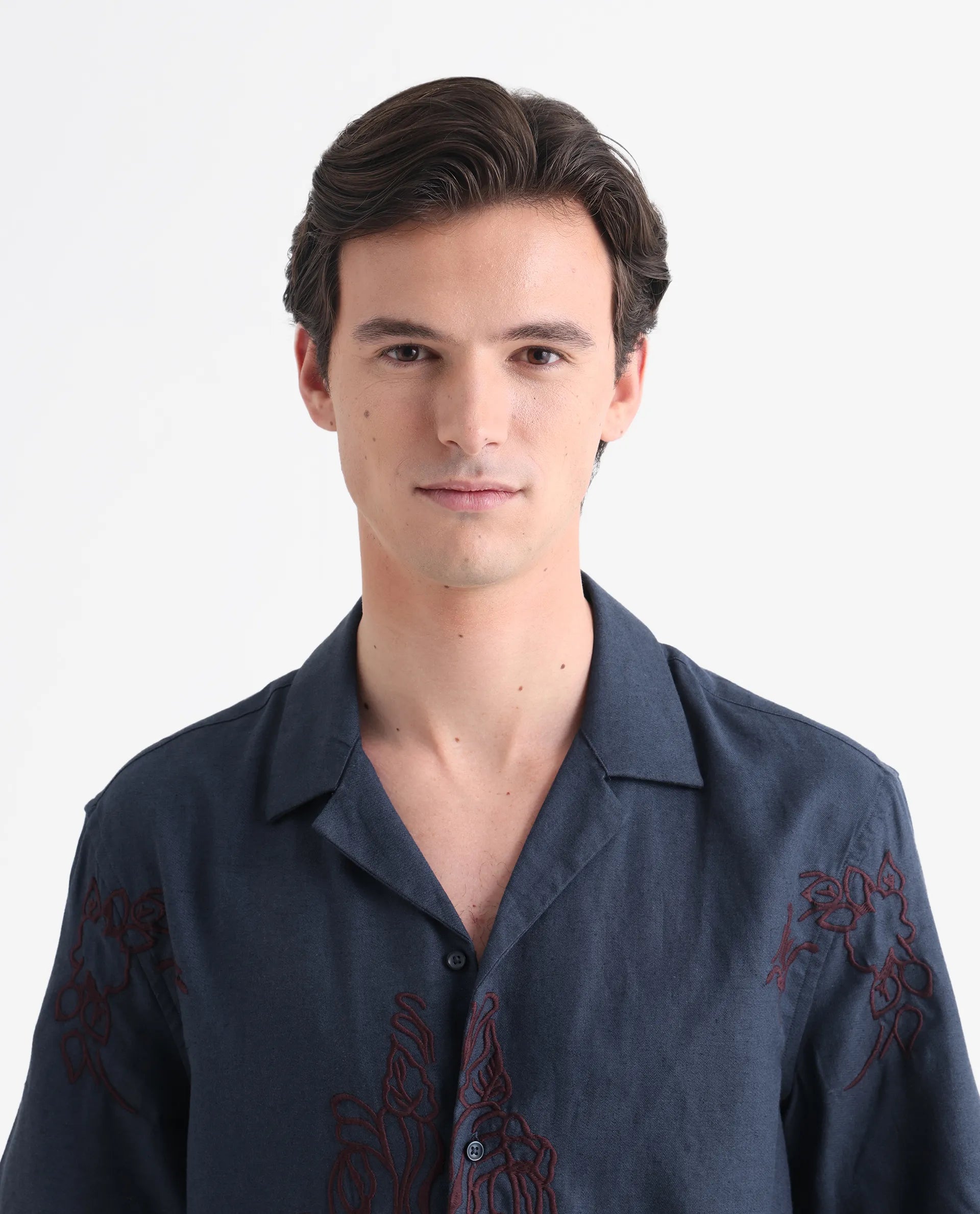 Rare Rabbit Men's Flmbo Navy Cotton Linen Modal Fabric Half Sleeves Boxy Fit Floral Embroidered Shirt