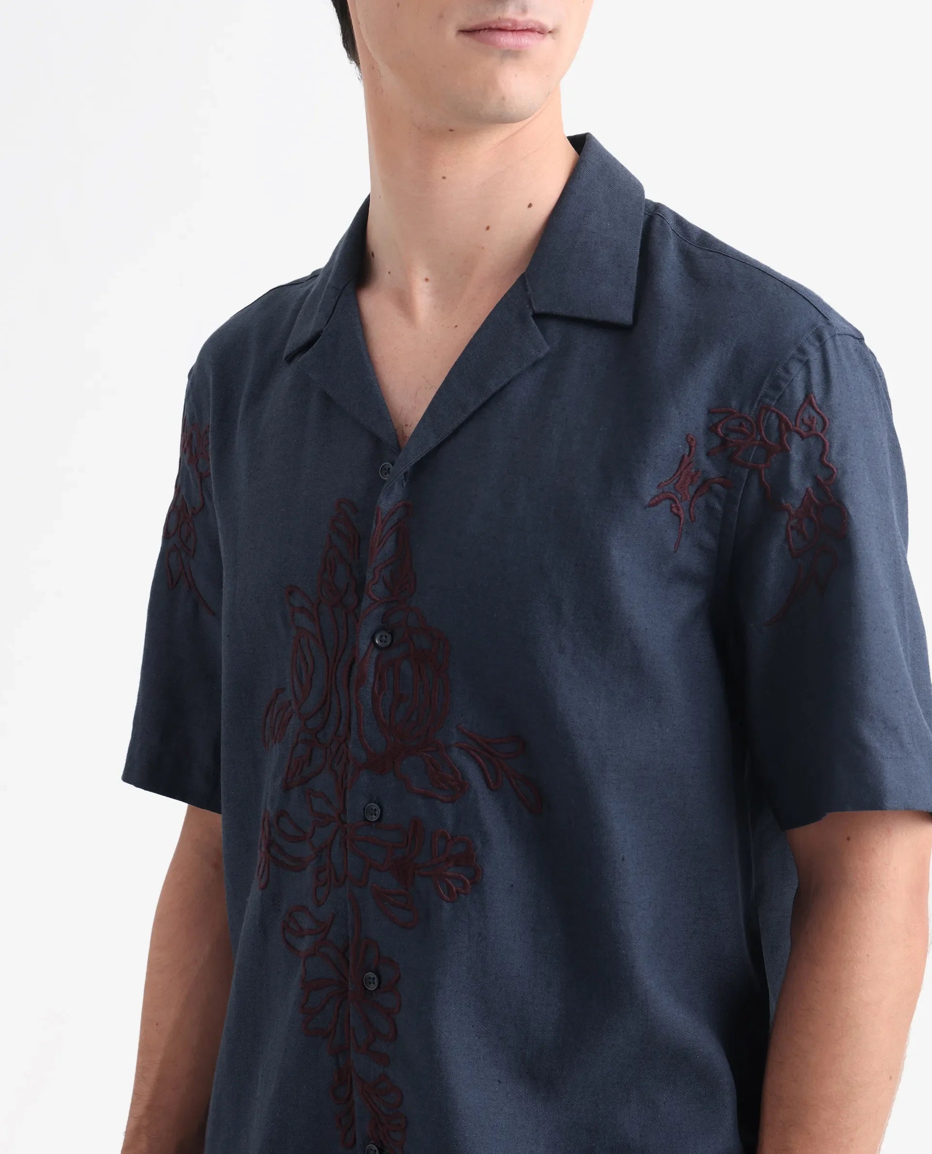 Rare Rabbit Men's Flmbo Navy Cotton Linen Modal Fabric Half Sleeves Boxy Fit Floral Embroidered Shirt
