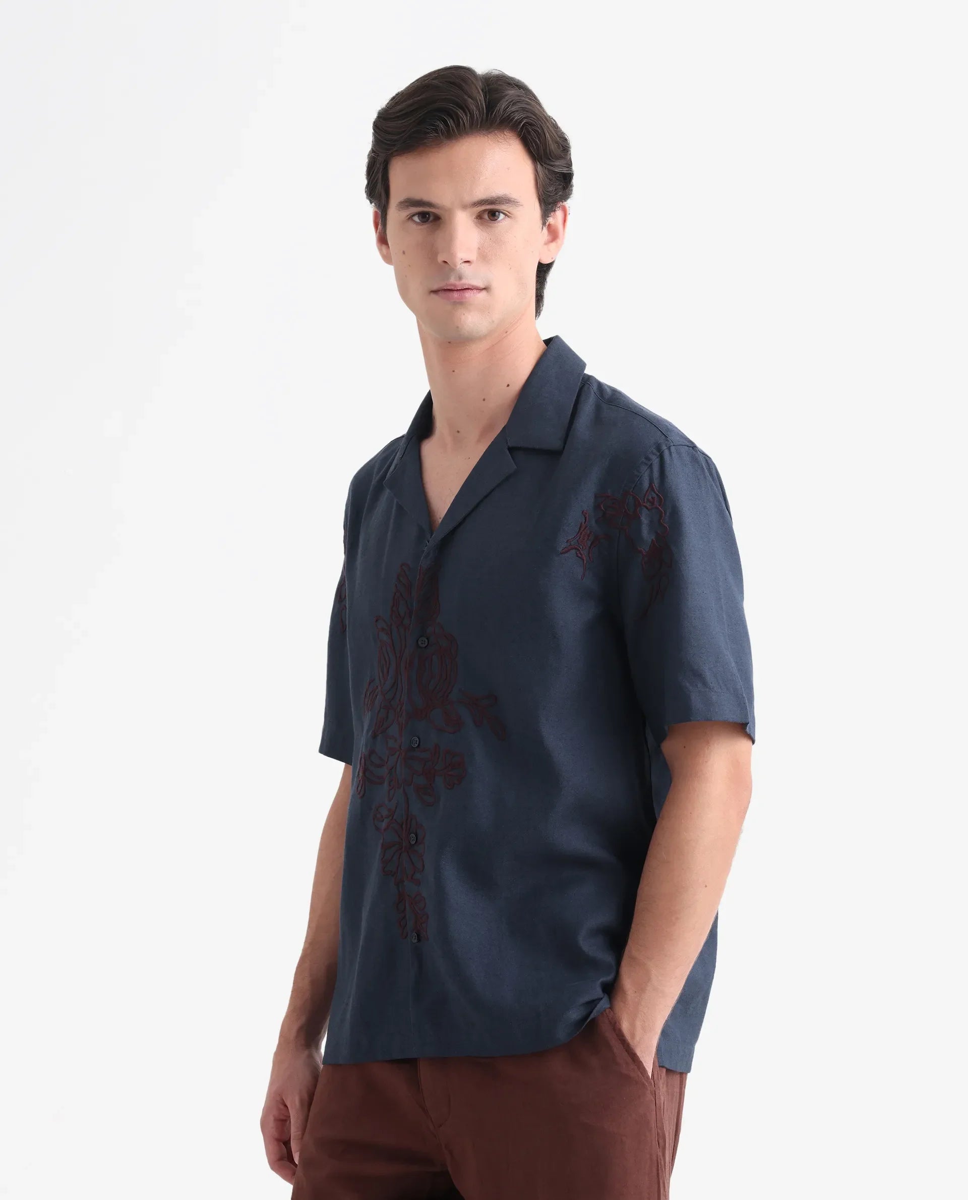 Rare Rabbit Men's Flmbo Navy Cotton Linen Modal Fabric Half Sleeves Boxy Fit Floral Embroidered Shirt