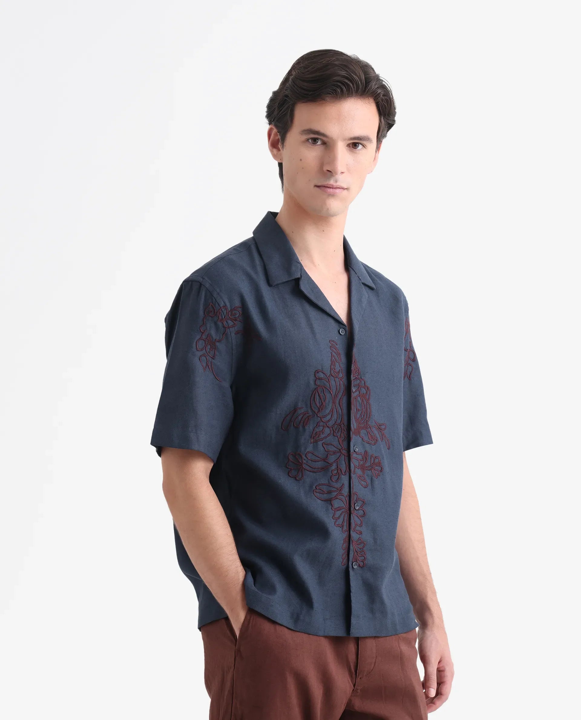 Rare Rabbit Men's Flmbo Navy Cotton Linen Modal Fabric Half Sleeves Boxy Fit Floral Embroidered Shirt