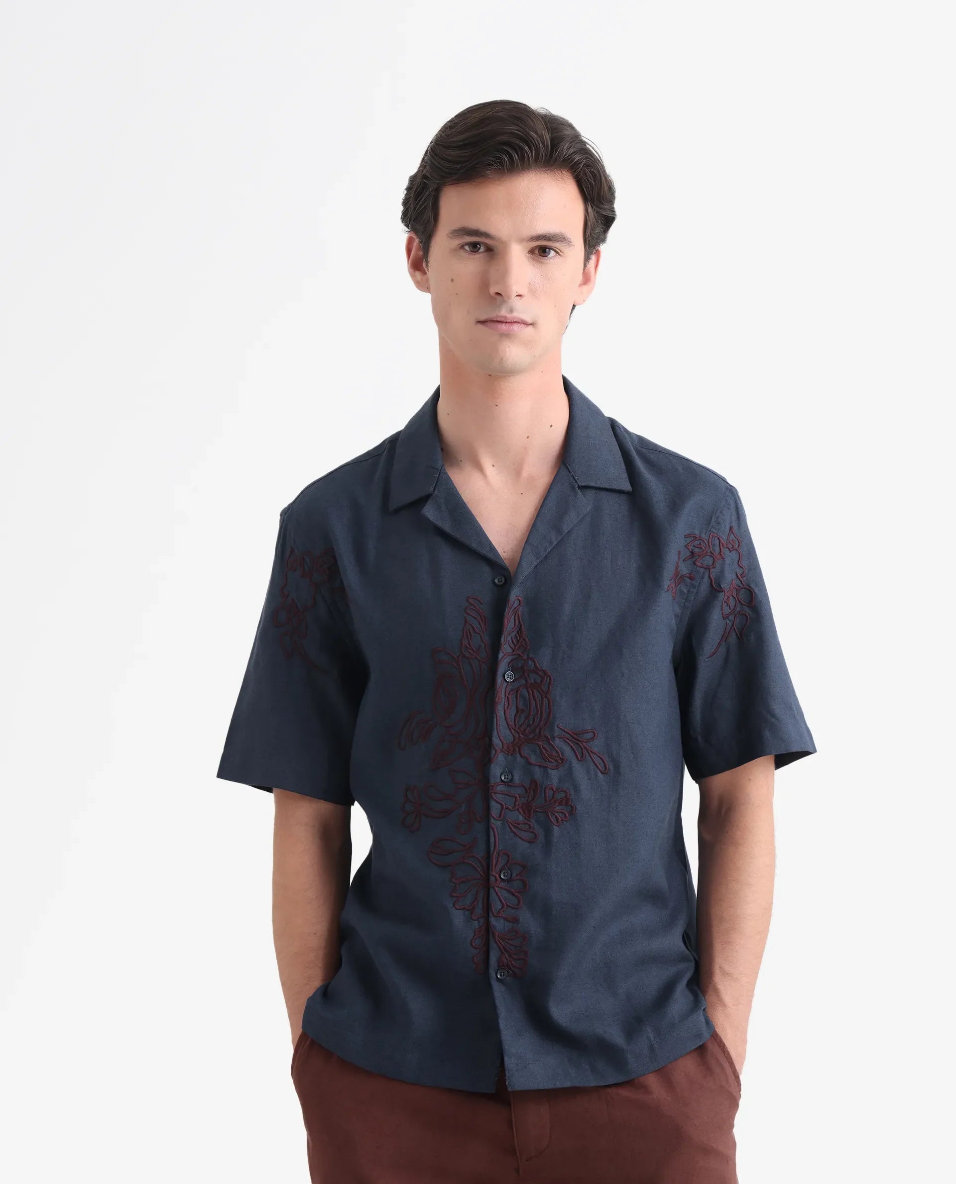 Rare Rabbit Men's Flmbo Navy Cotton Linen Modal Fabric Half Sleeves Boxy Fit Floral Embroidered Shirt