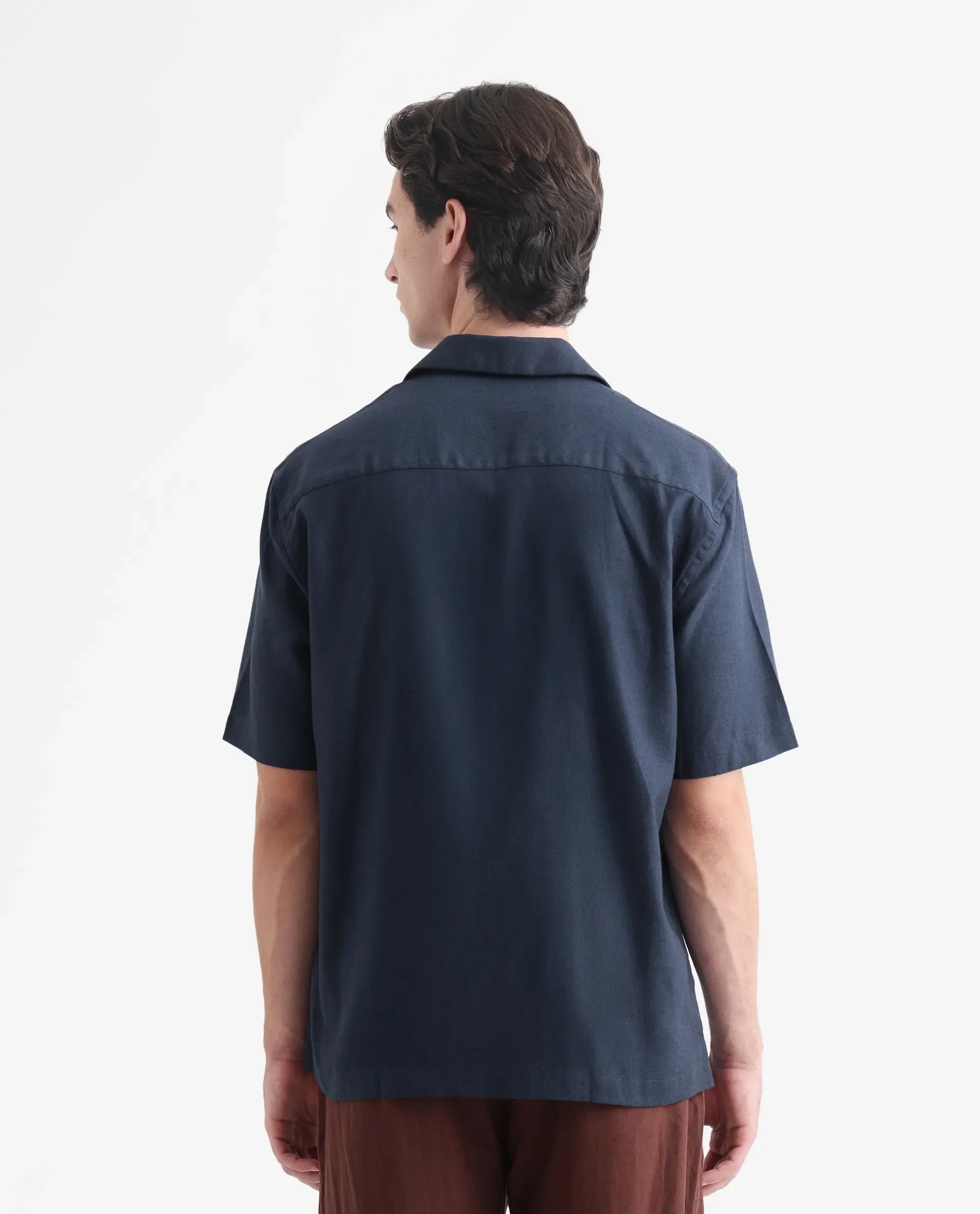 Rare Rabbit Men's Flmbo Navy Cotton Linen Modal Fabric Half Sleeves Boxy Fit Floral Embroidered Shirt