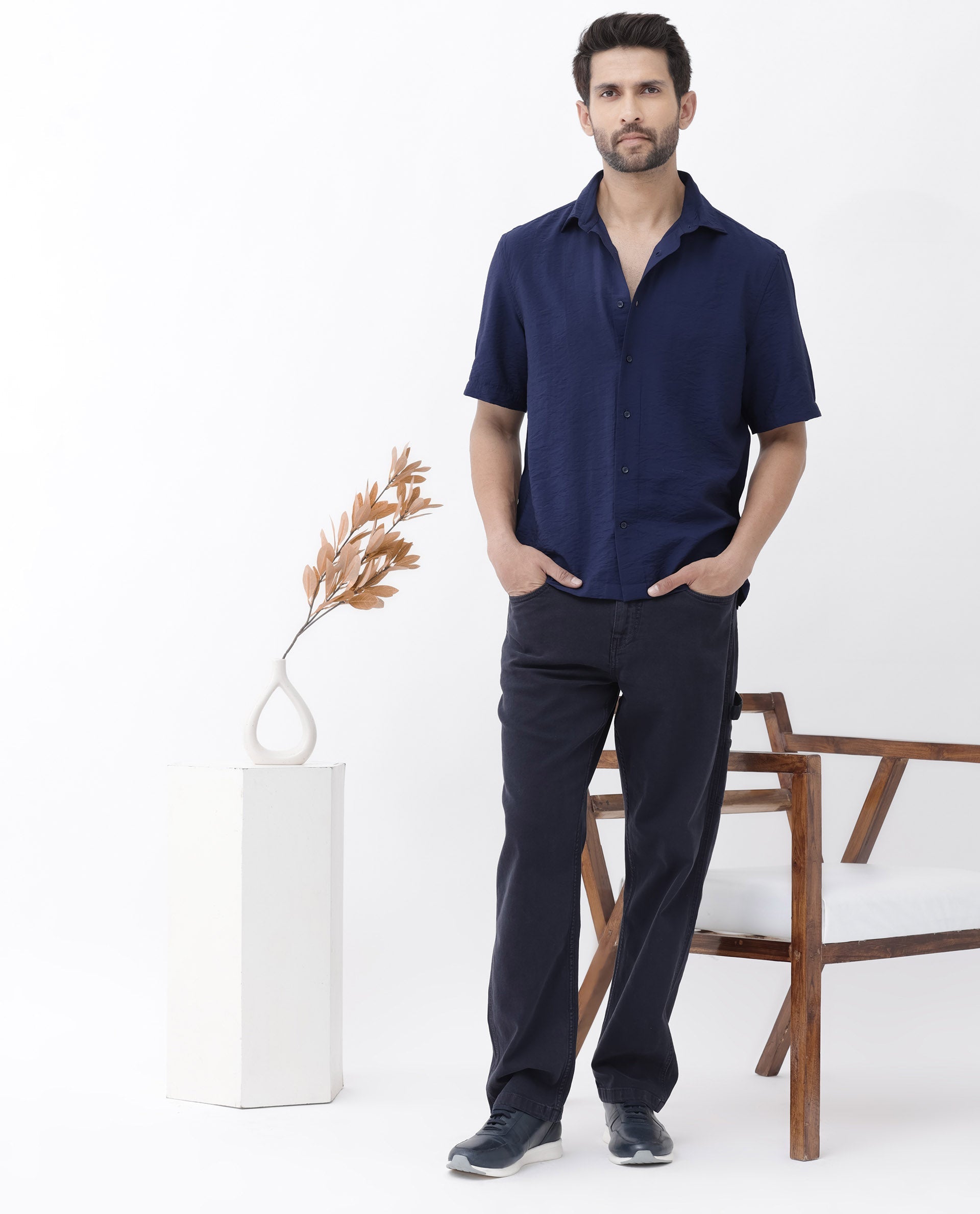 Rare Rabbit Men Flo-11 Navy Viscose Blend Half Sleeve Collared Neck Plain Shirt