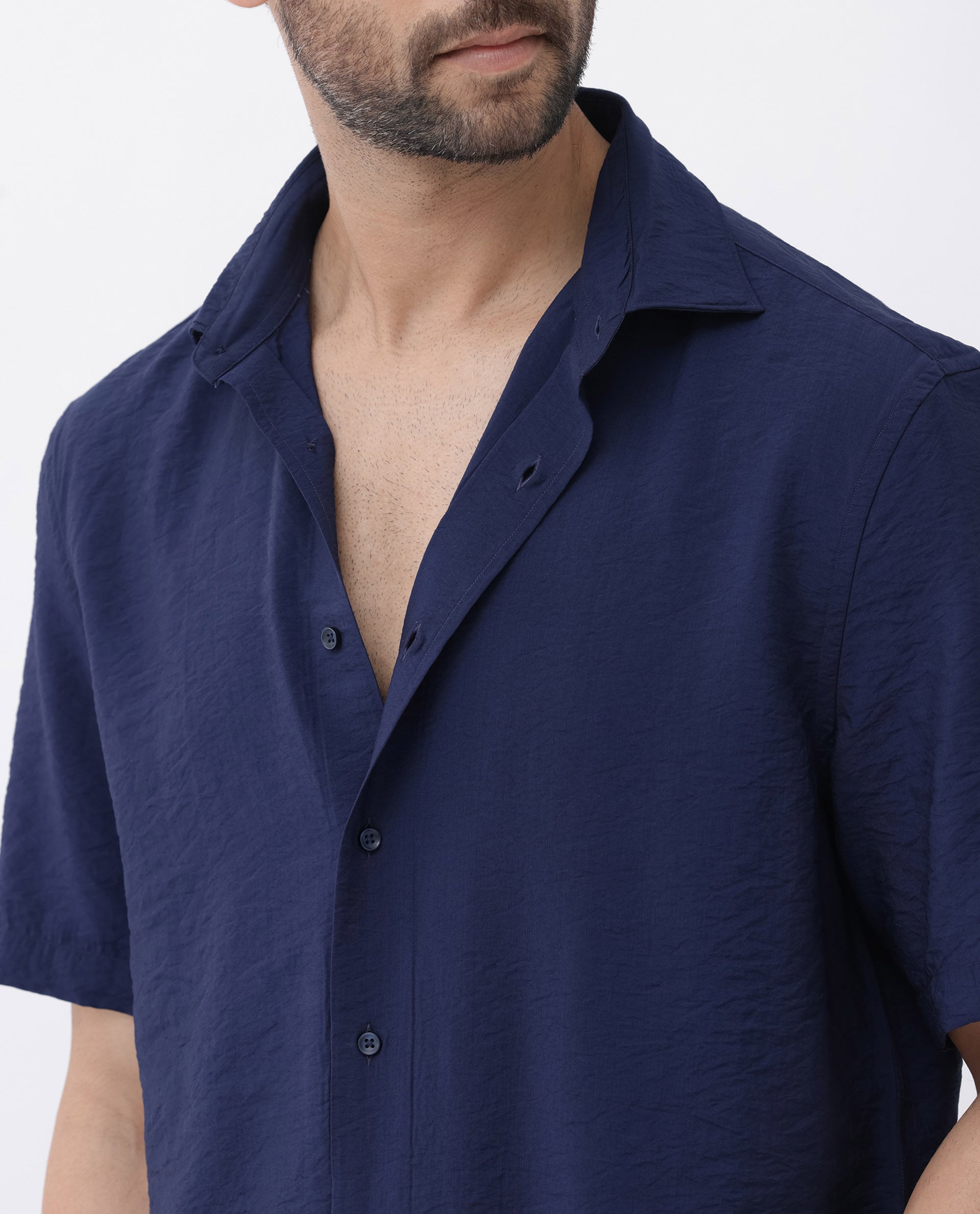 Rare Rabbit Men Flo-11 Navy Viscose Blend Half Sleeve Collared Neck Plain Shirt