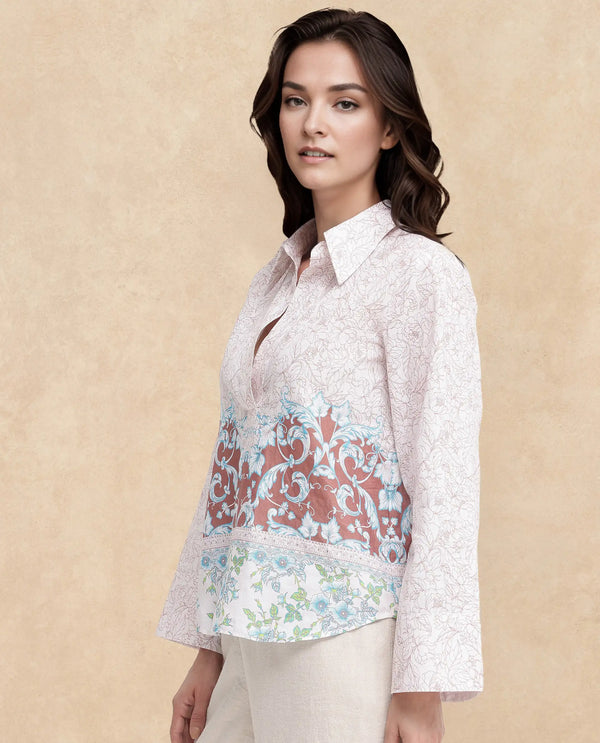 Rareism Women Fofianie Light Brown Bell Sleeves Collared Collar Abstract Print Top